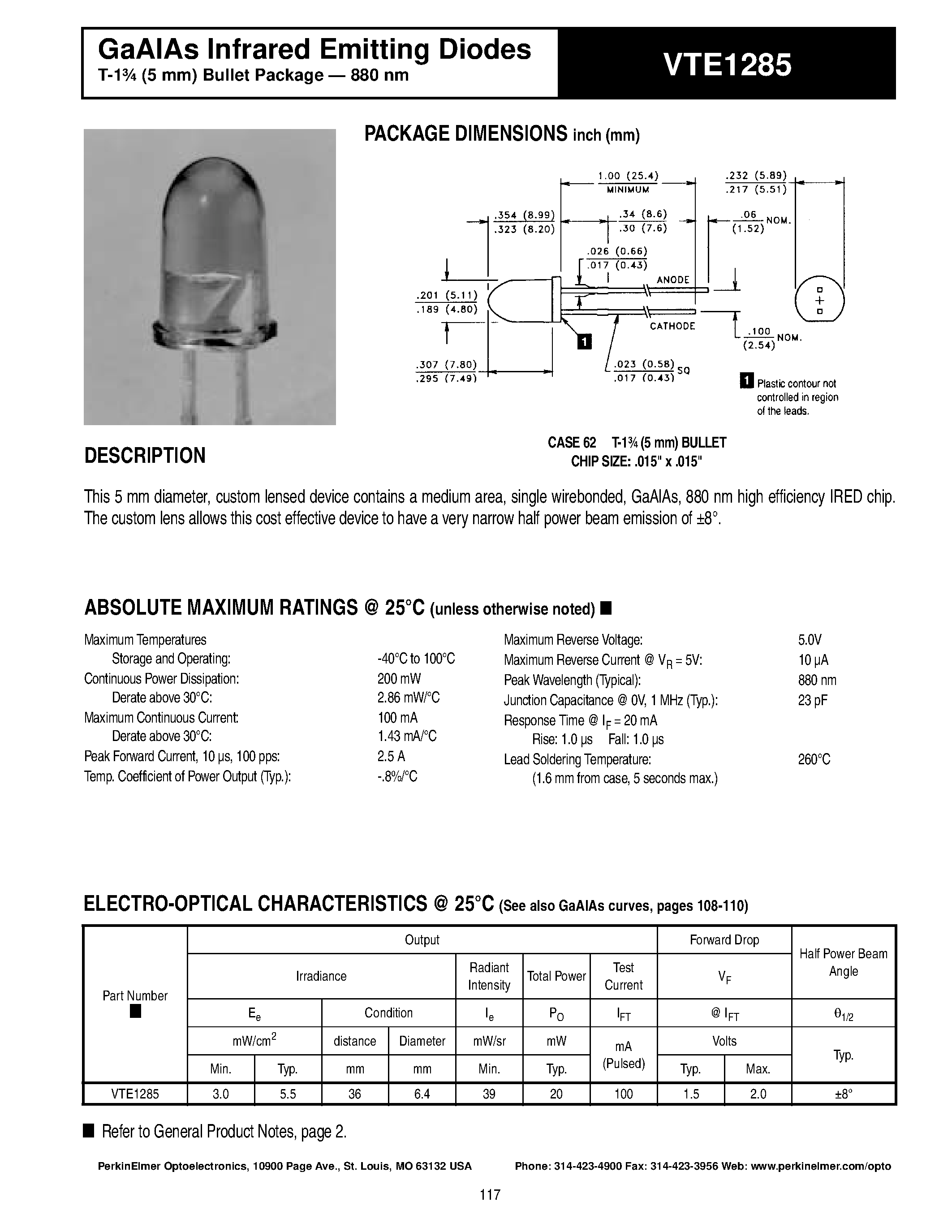 Datasheet VTE1285 - GaAlAs Infrared Emitting Diodes page 1