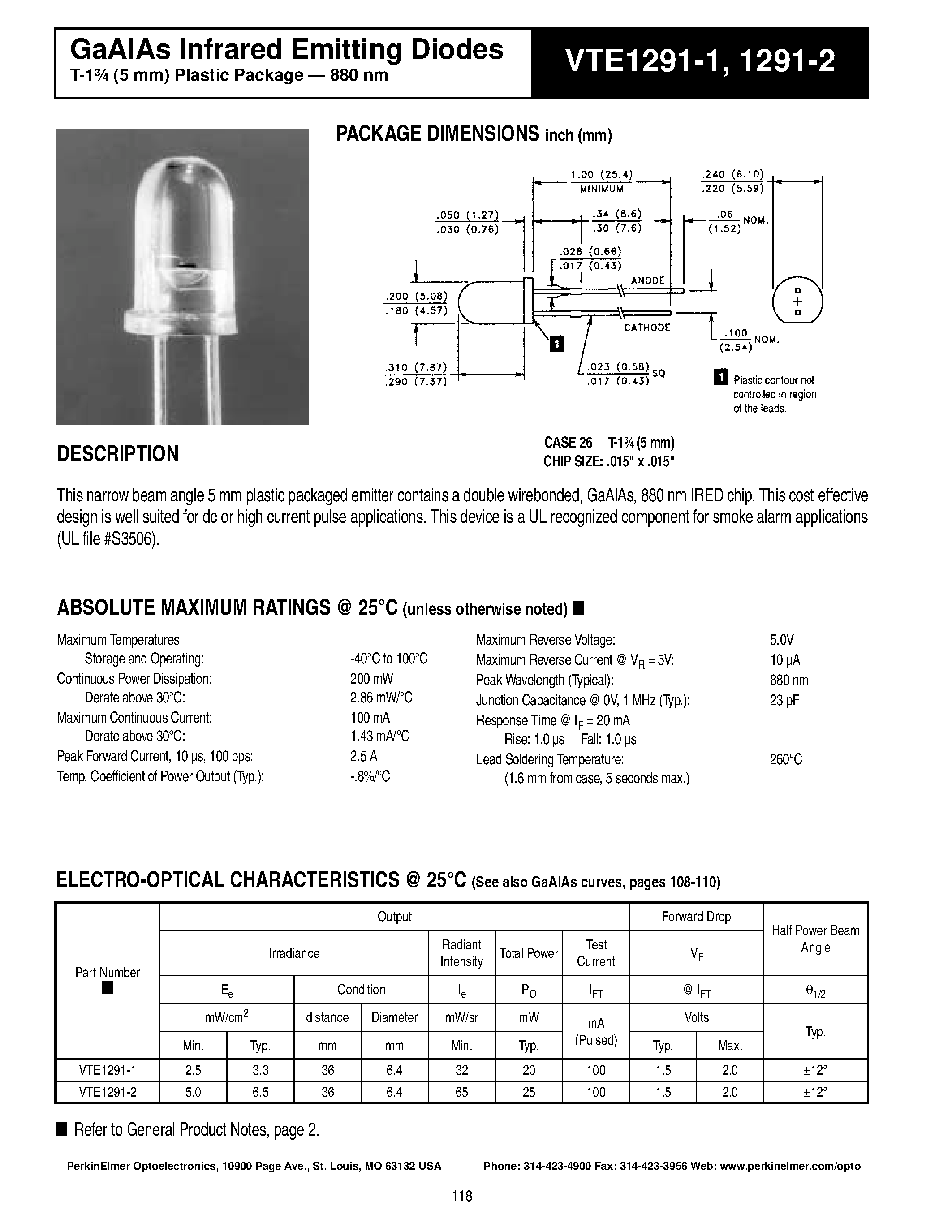 Datasheet VTE1291-2 - GaAlAs Infrared Emitting Diodes page 1