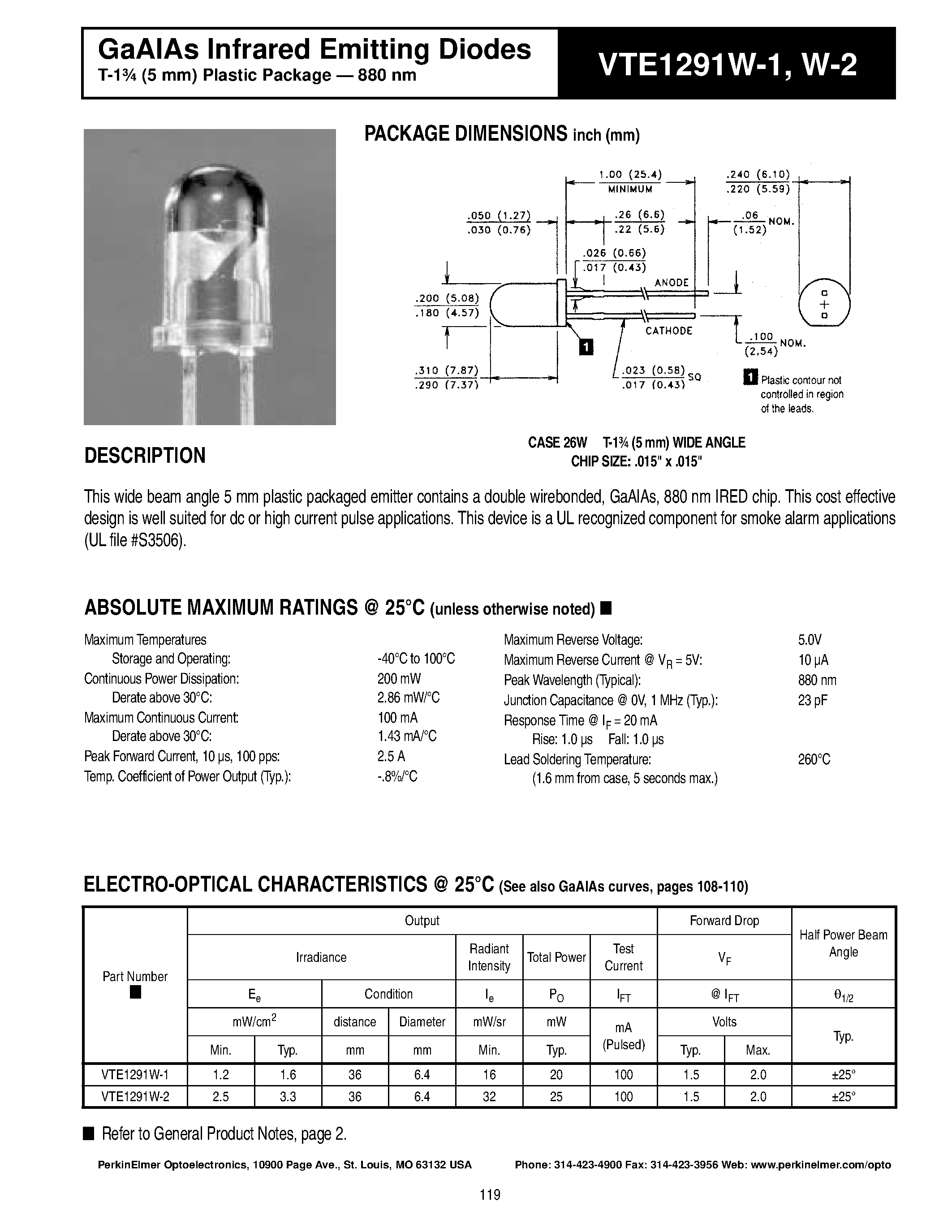 Datasheet VTE1291W-2 - GaAlAs Infrared Emitting Diodes page 1