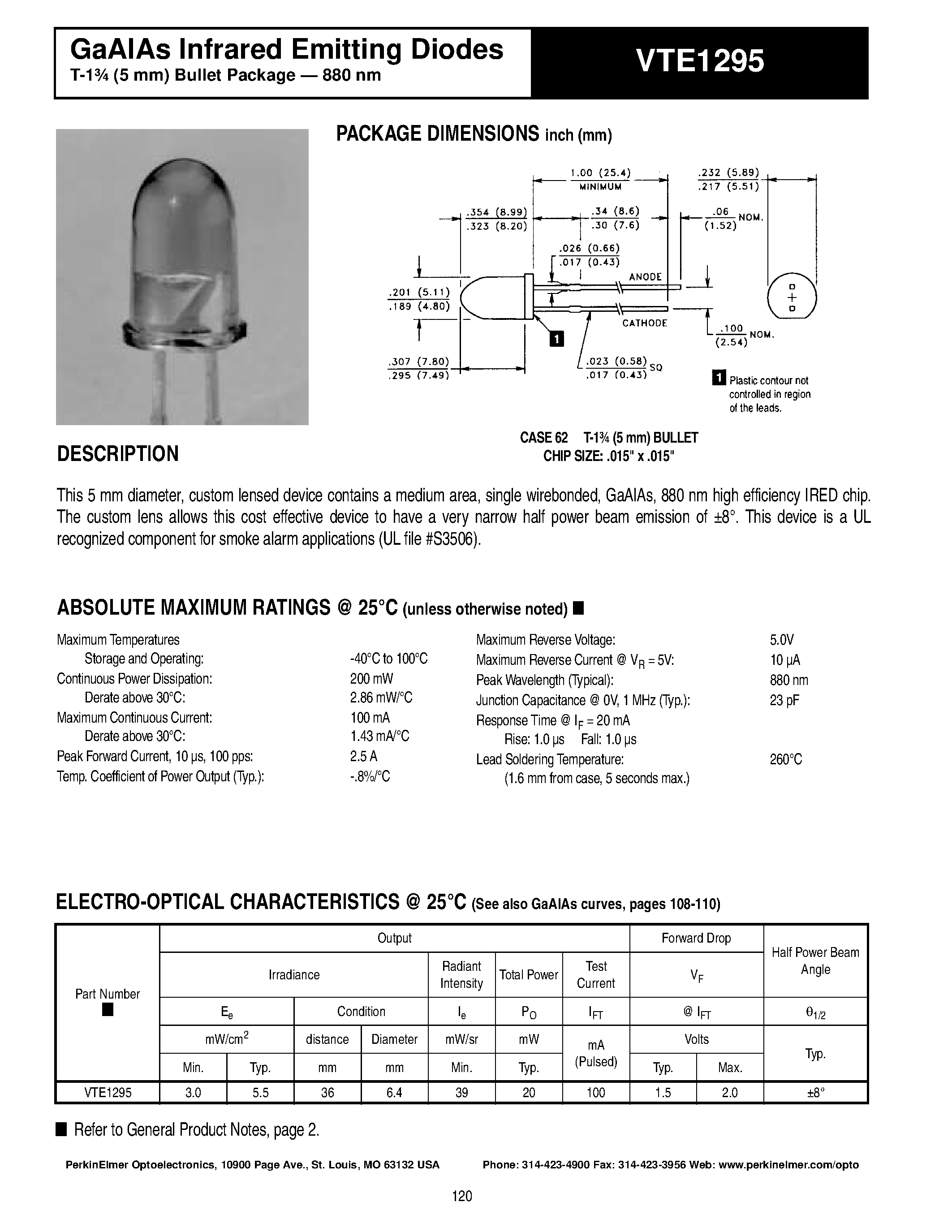 Datasheet VTE1295 - GaAlAs Infrared Emitting Diodes page 1
