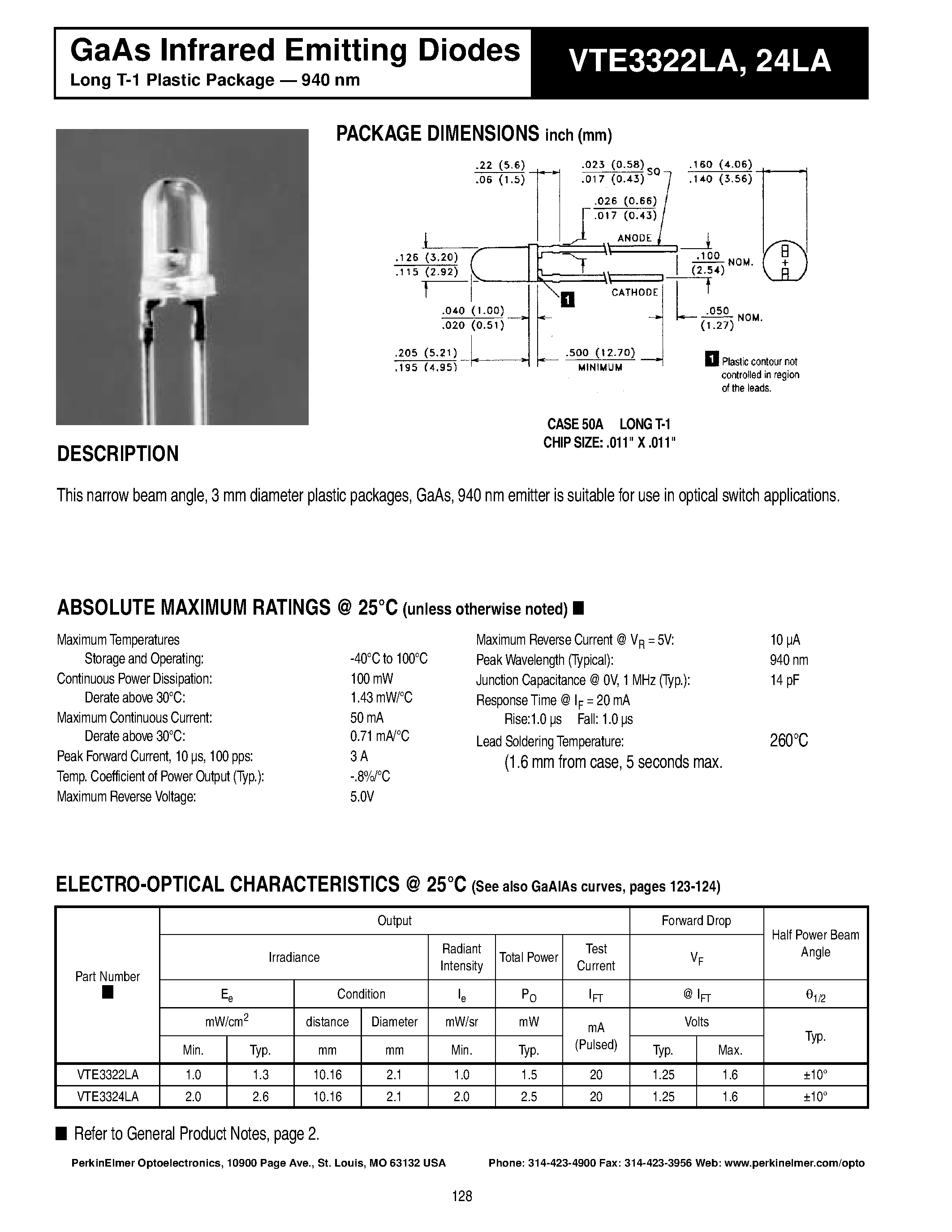 Datasheet VTE3324LA - GaAs Infrared Emitting Diodes page 1