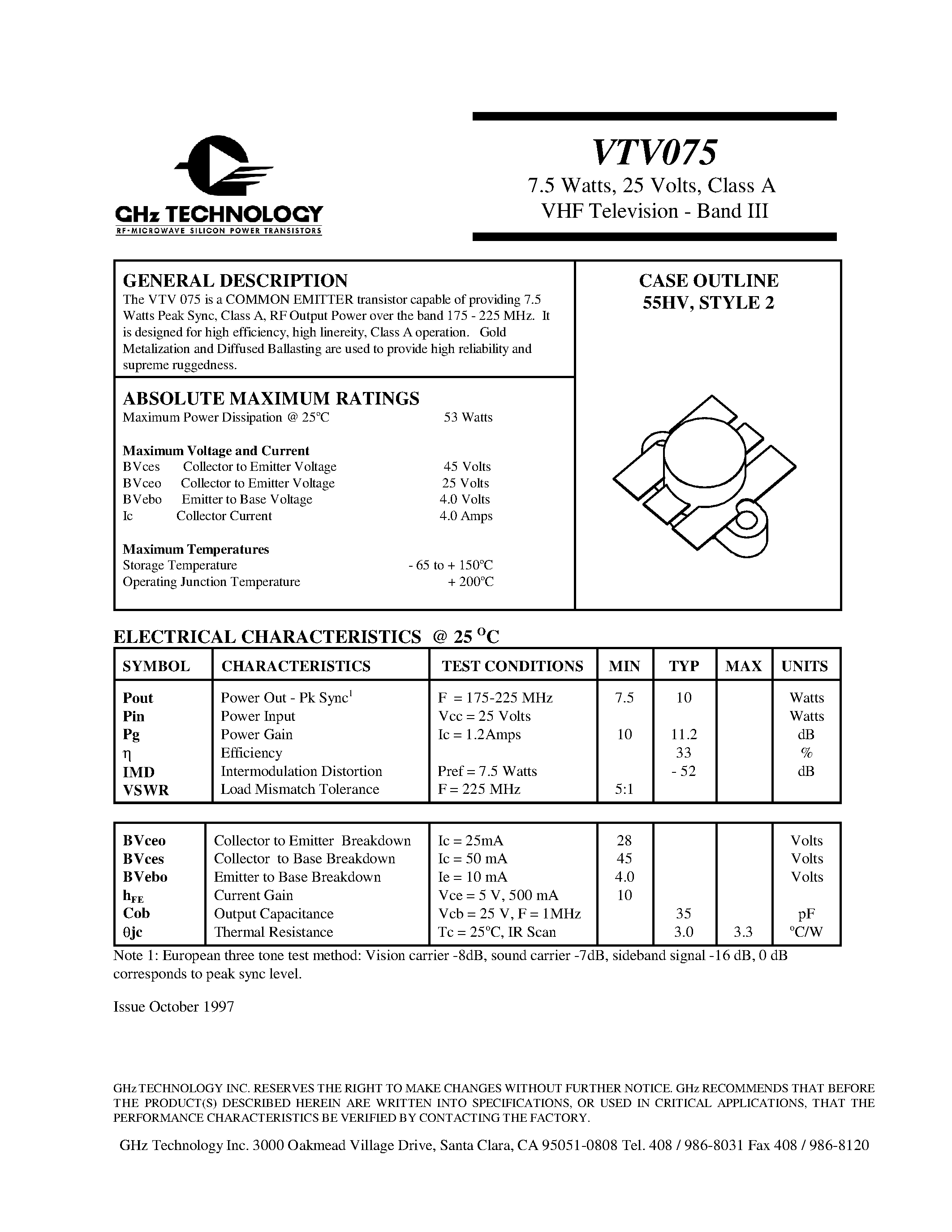 Datasheet VTV075 - 7.5 Watts/ 25 Volts/ Class A VHF Television - Band III page 1