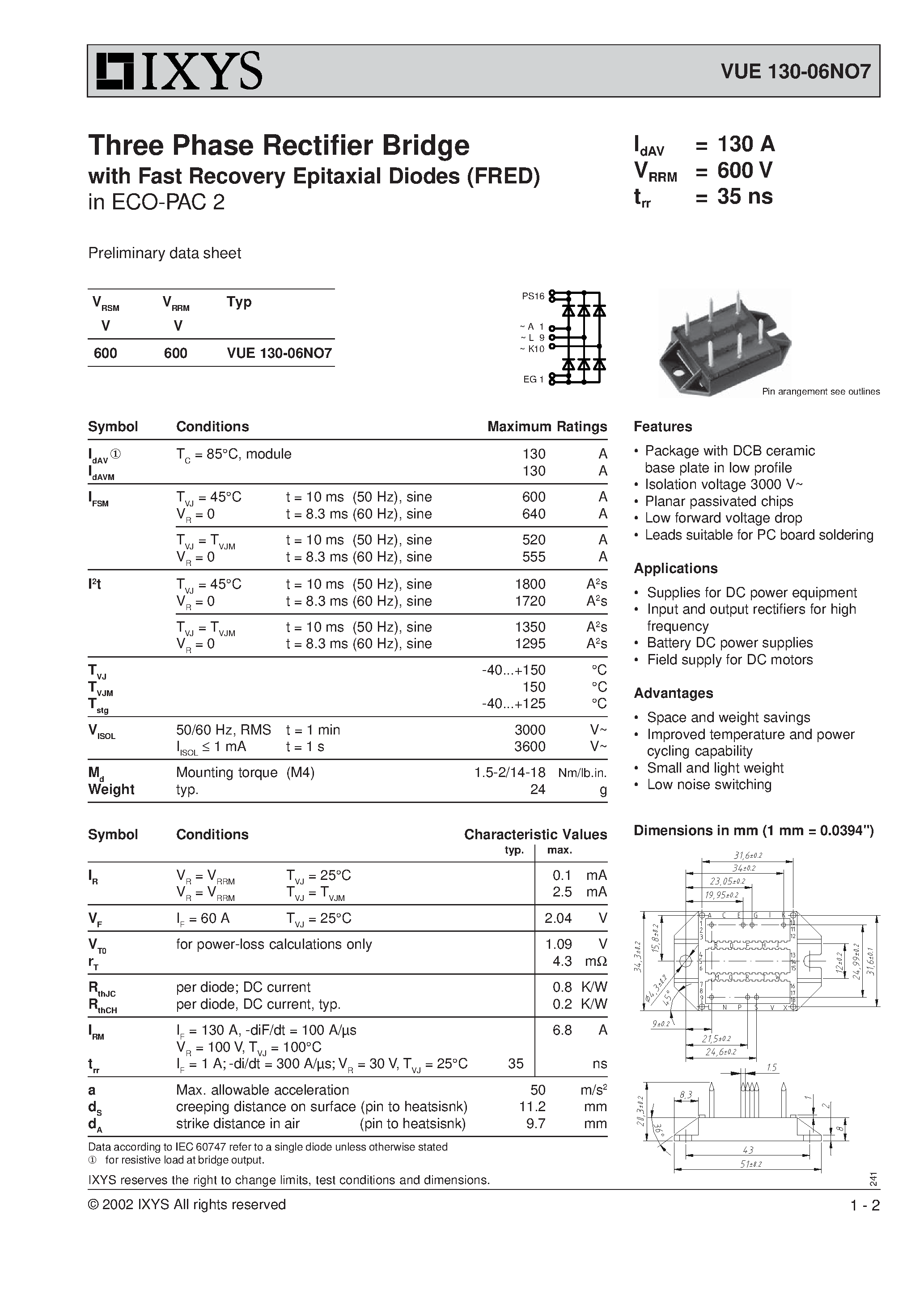 Datasheet VUE130-06NO7 page 1 Datasheet VUE130-06NO7 - Three Phase Rectifier Bridge page 1