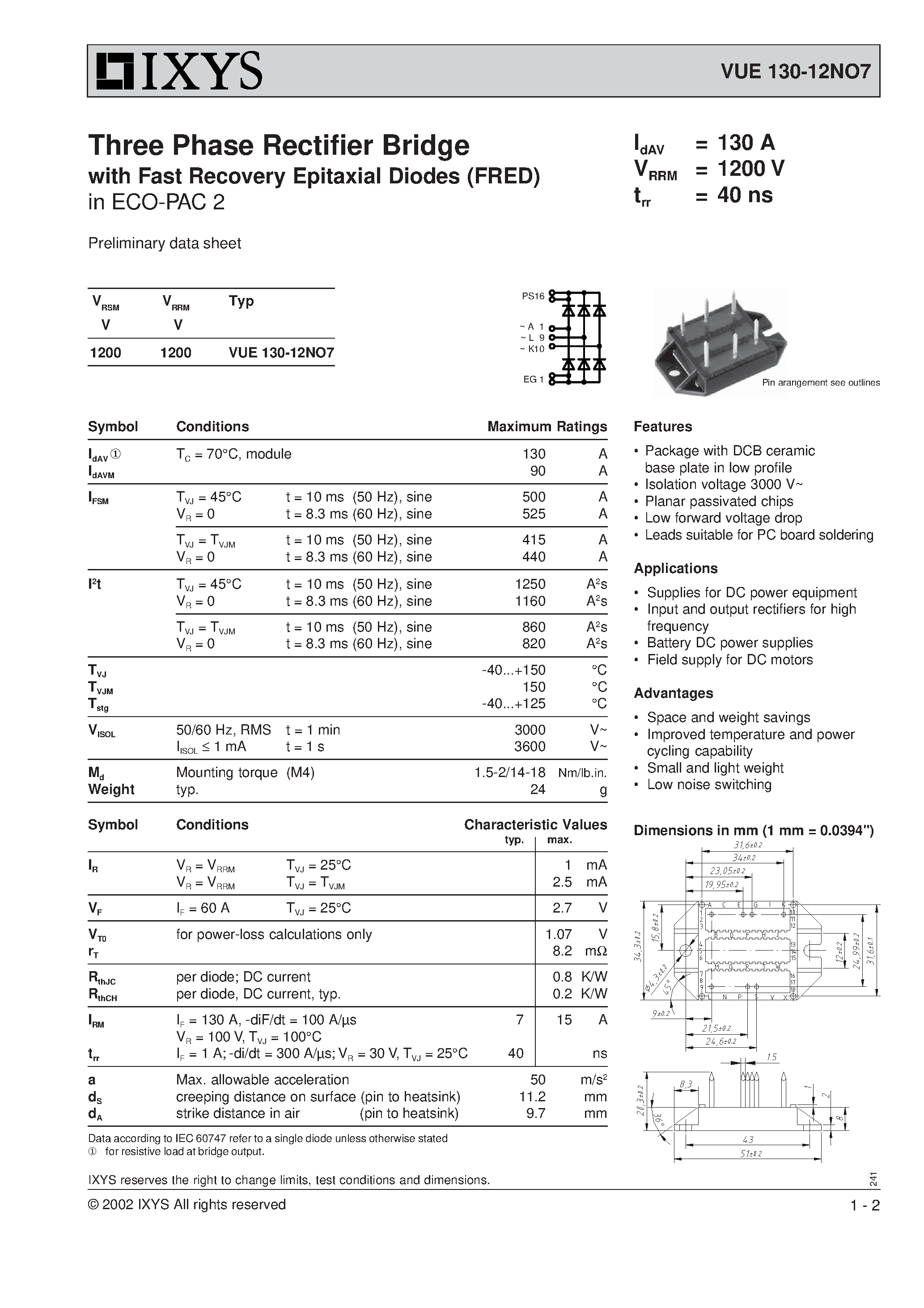 Datasheet VUE130-12NO7 - Three Phase Rectifier Bridge with Fast Recovery Epitaxial Diodes (FRED) page 1