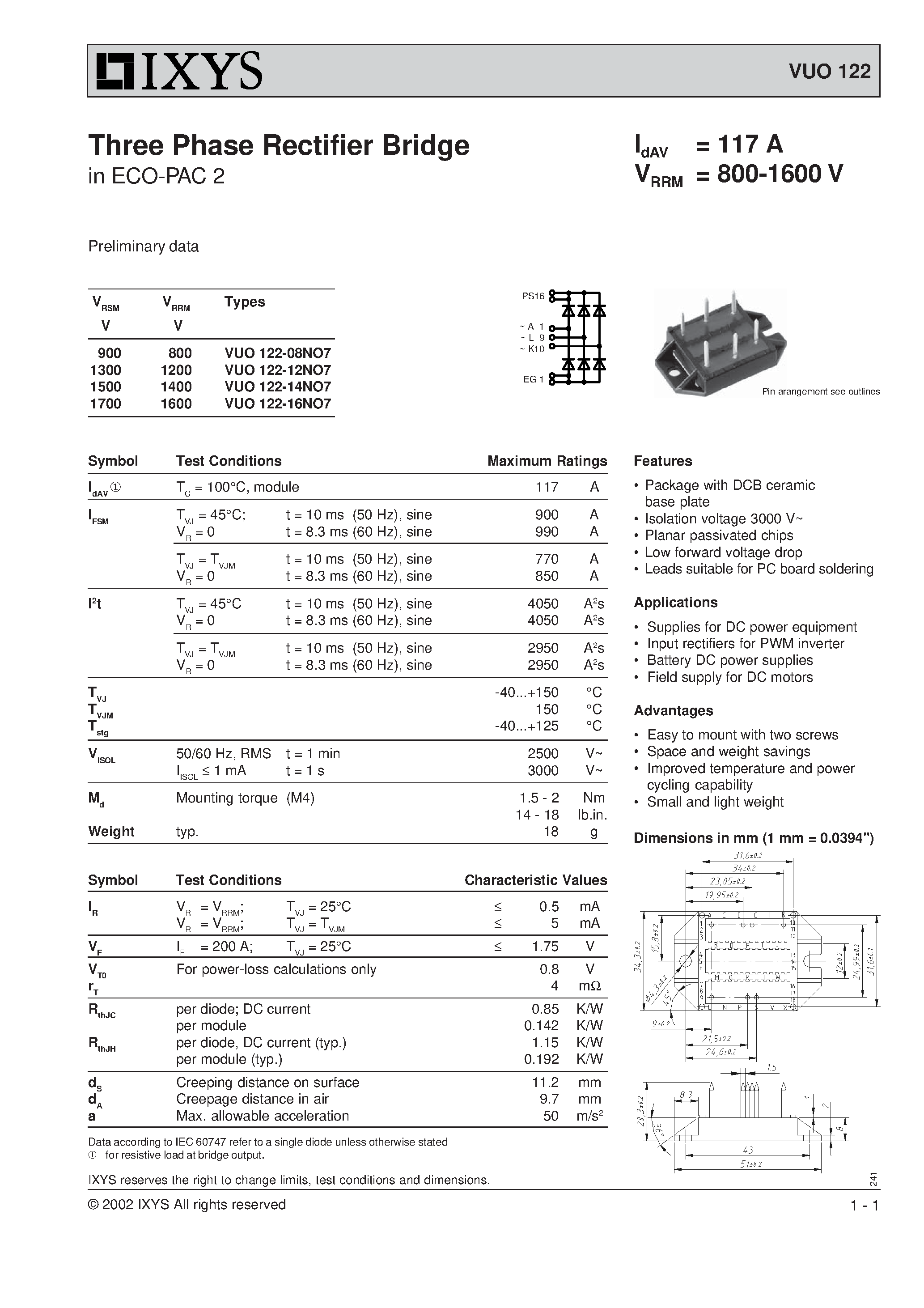 Datasheet VUO122 - Three Phase Rectifier Bridge in ECO-PAC 2 page 1