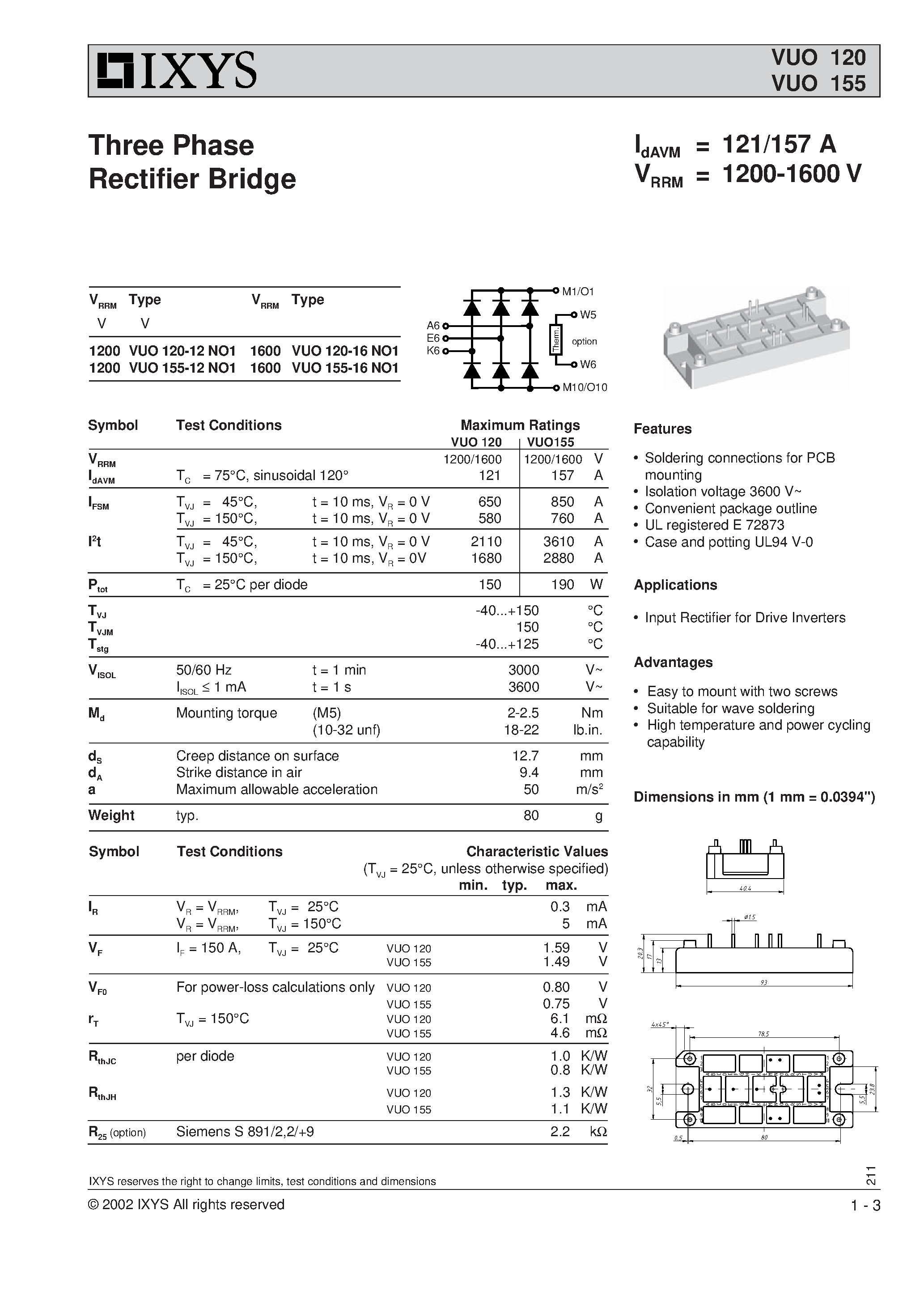 Datasheet VUO155 page 1 Datasheet VUO155 - Three Phase Rectifier Bridge page 1