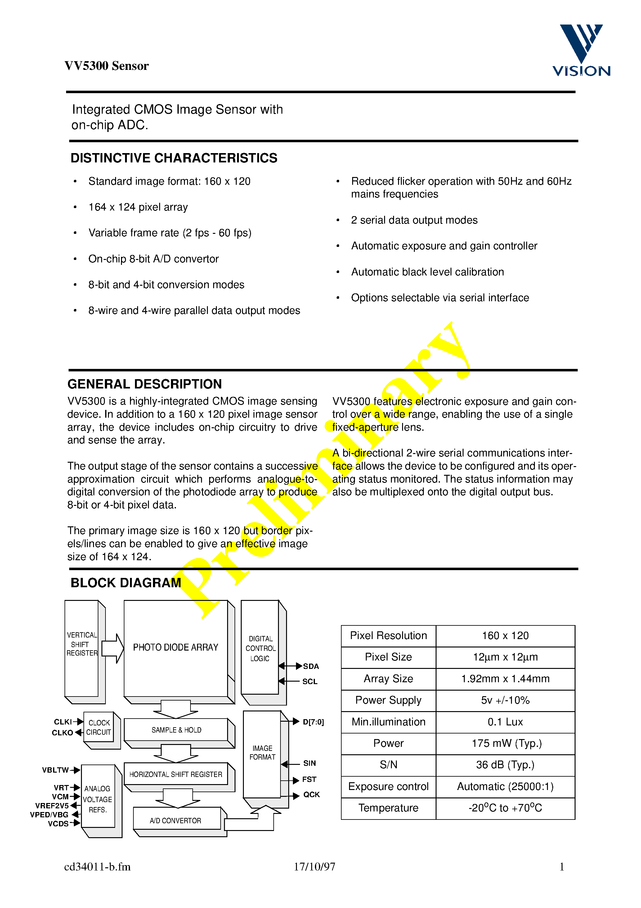 Datasheet VV5300 - Integrated CMOS Image Sensor with on-chip ADC page 1