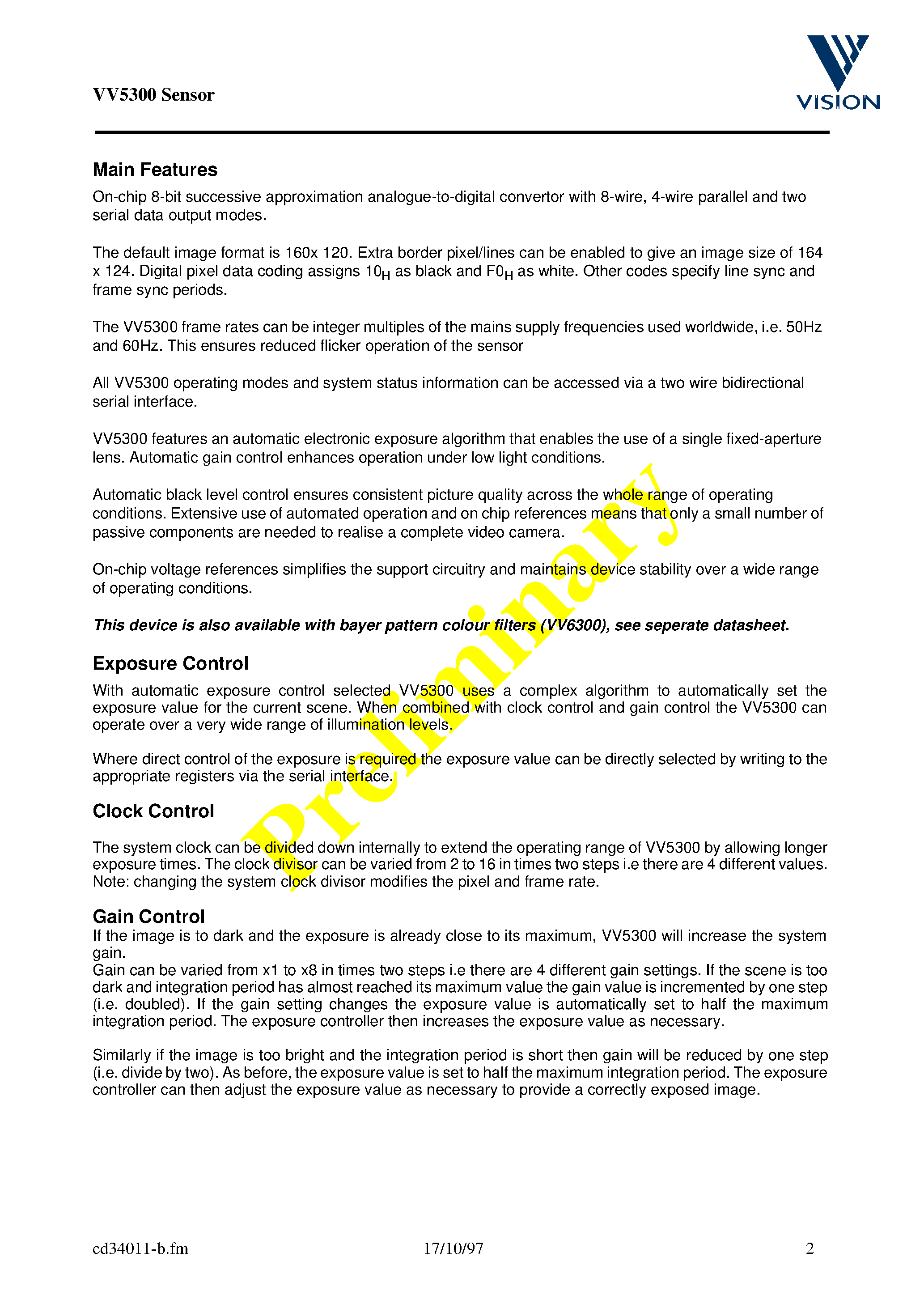 Datasheet VV5300 - Integrated CMOS Image Sensor with on-chip ADC page 2