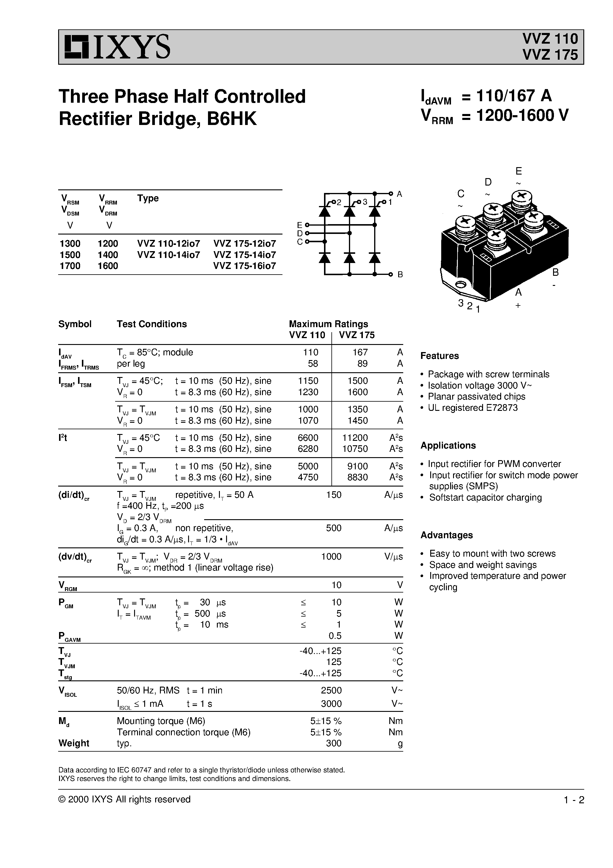 Datasheet VVZ110 page 1 Datasheet VVZ110 - Three Phase Half Controlled Rectifier Bridge/ B6HK page 1