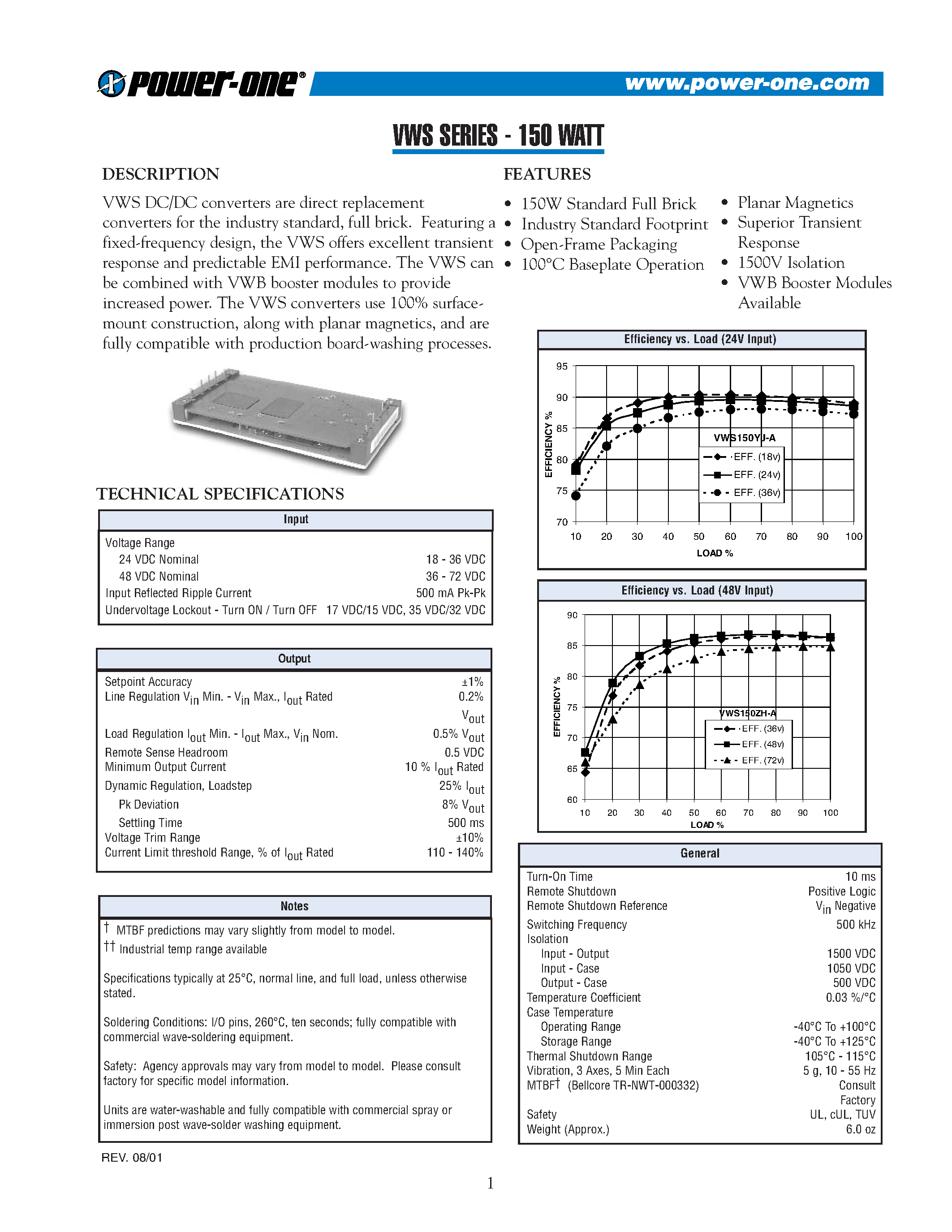 Datasheet VWS150YJ-A - 150W Standard Full Brick page 1
