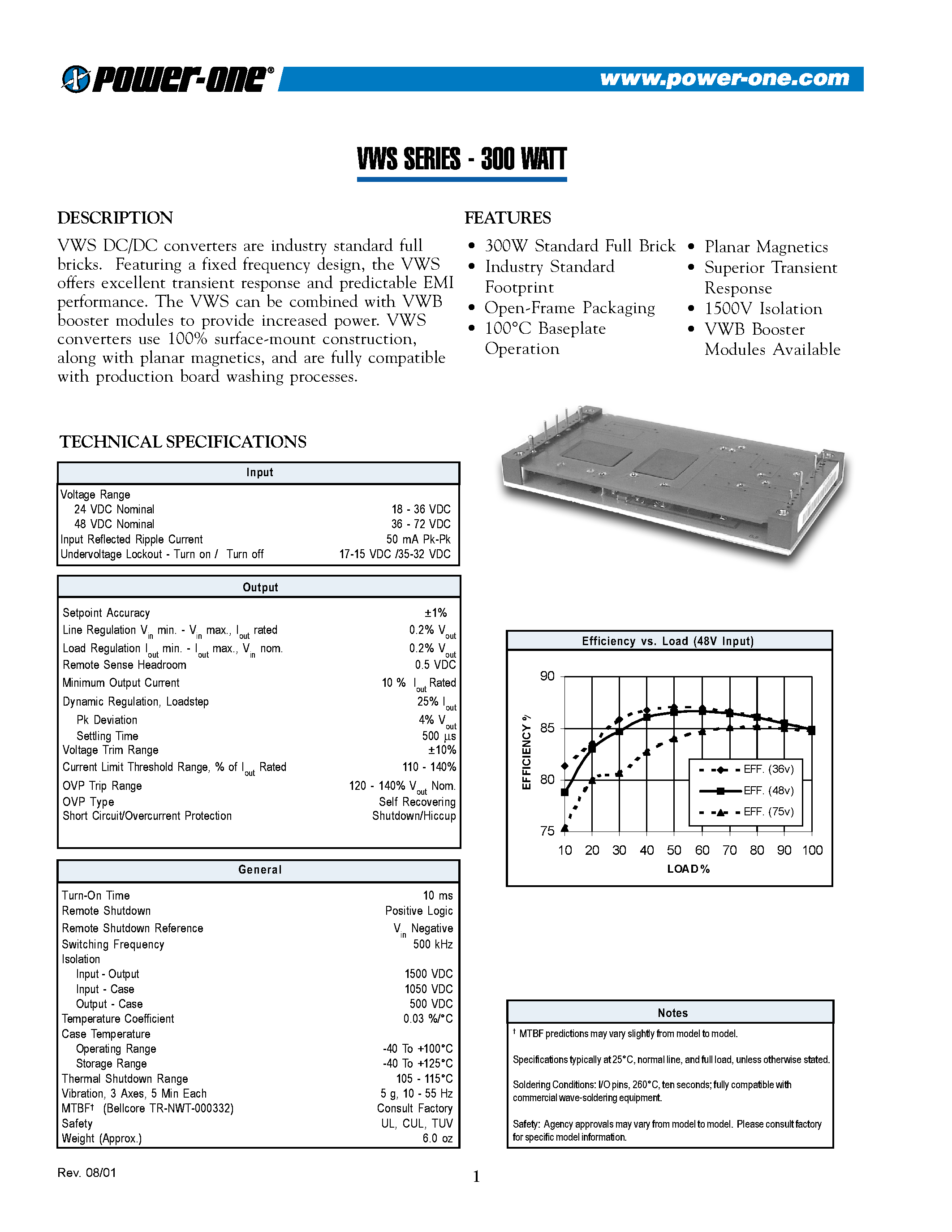 Datasheet VWS250YL-A - 300W Standard Full Brick page 1
