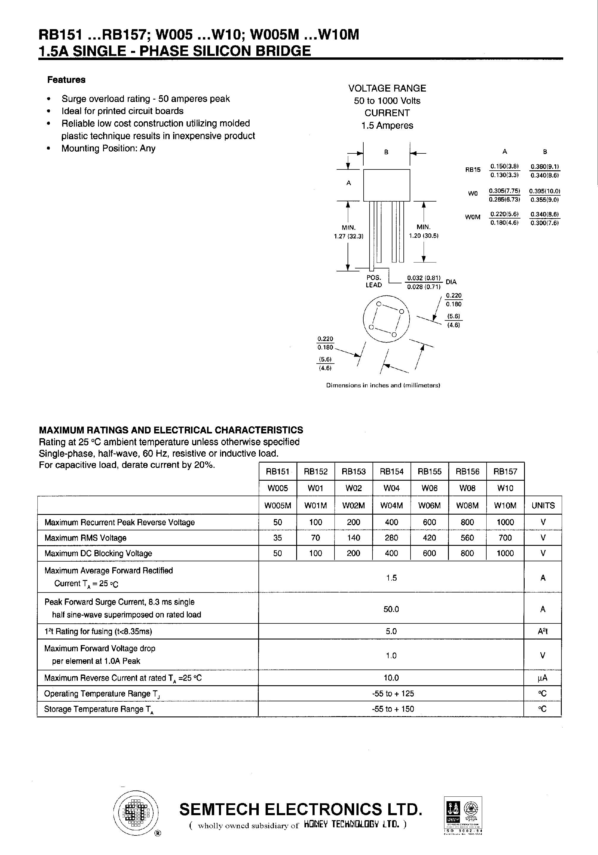 Datasheet W02 - 1.5A SINGLE - PHASE SILICON BRIDGE page 1