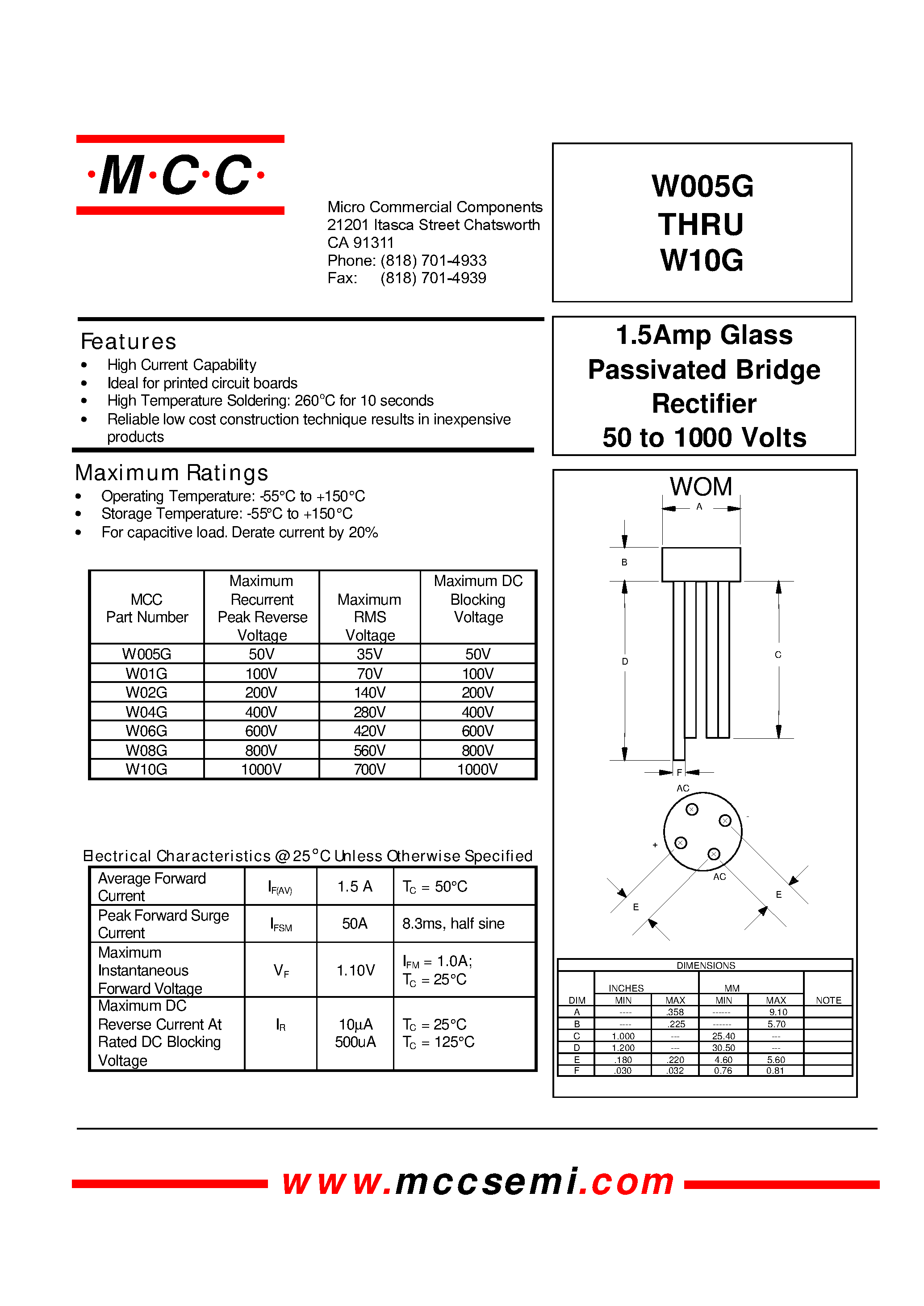 Datasheet W02G - 1.5Amp Glass Passivated Bridge Rectifier 50 to 1000 Volts page 1