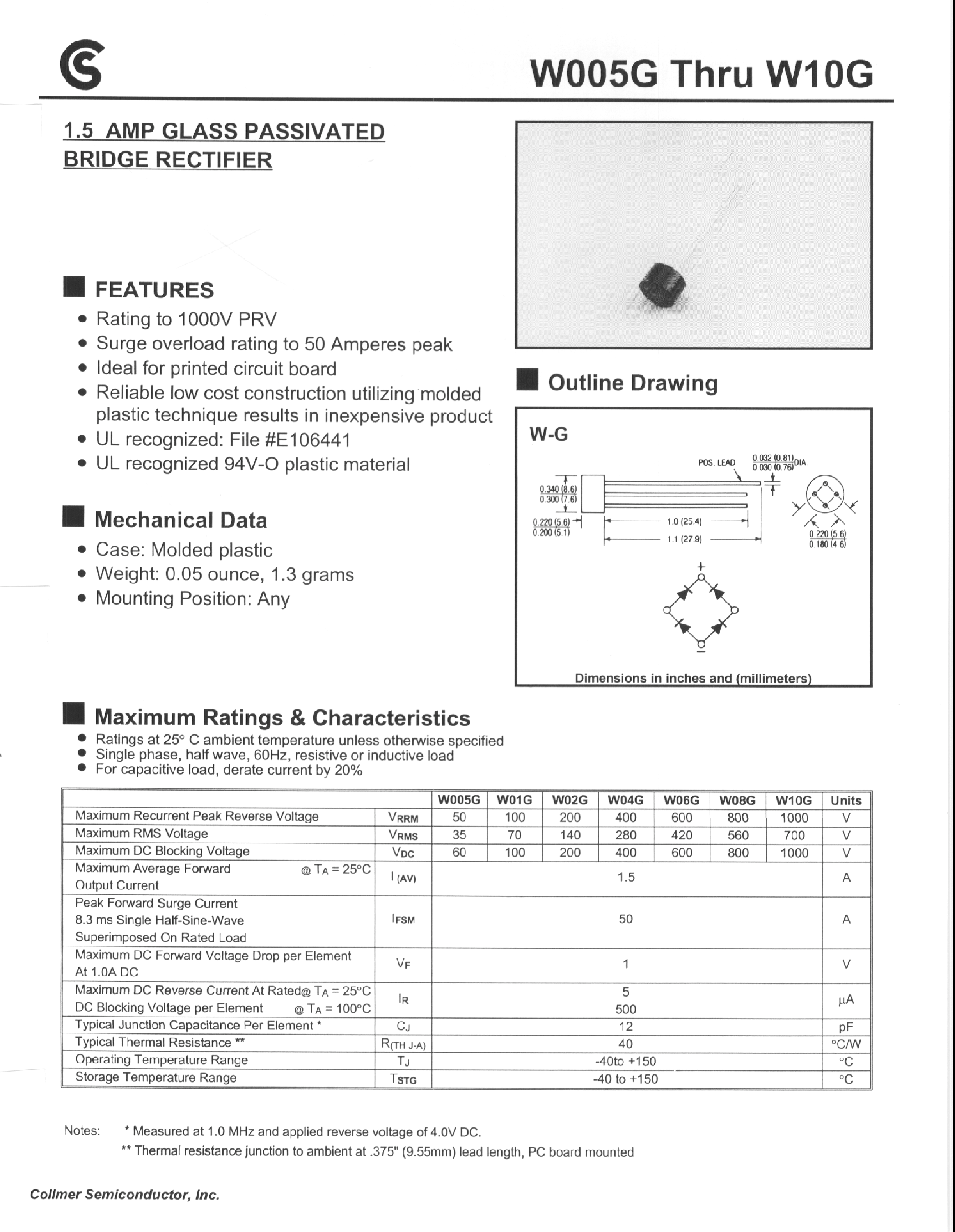 Datasheet W04G - 1.5 AMP GLASS PASSIVATED BRIDGE RECTIFIER page 1