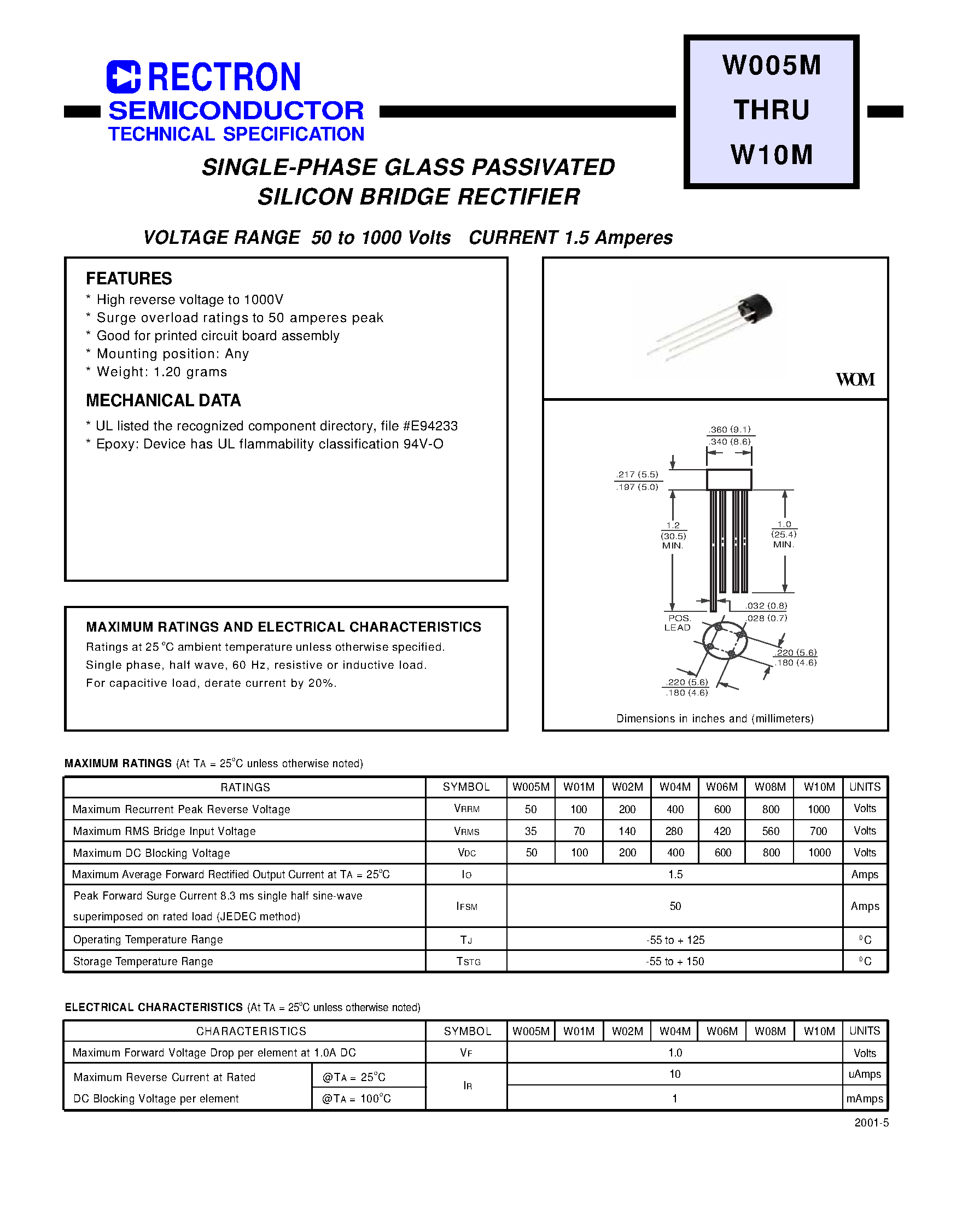 Datasheet W06M - SINGLE-PHASE GLASS PASSIVATED SILICON BRIDGE RECTIFIER(VOLTAGE RANGE 50 to 1000 Volts CURRENT 1.5 Amperes) page 1
