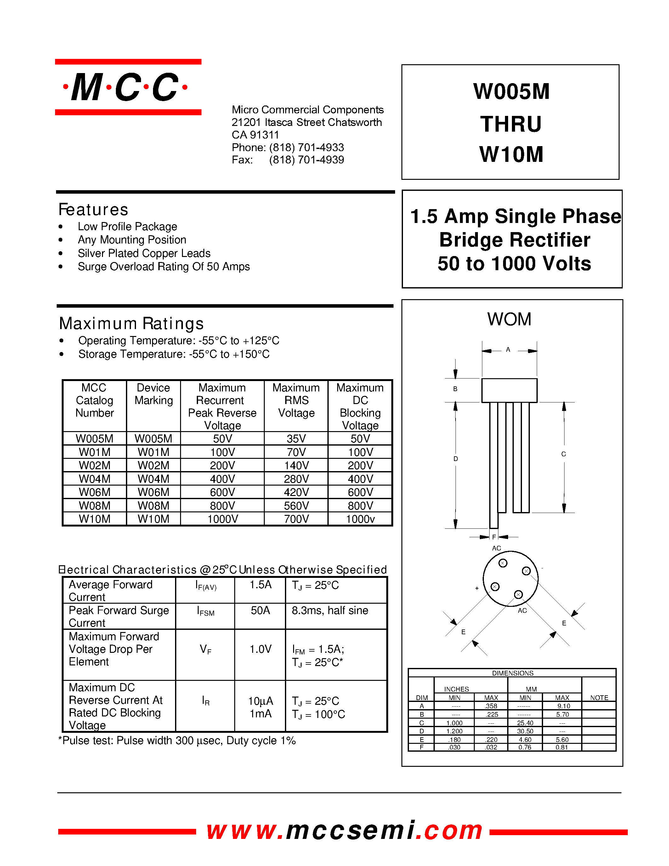Datasheet W06M - 1.5 Amp Single Phase Bridge Rectifier 50 to 1000 Volts page 1