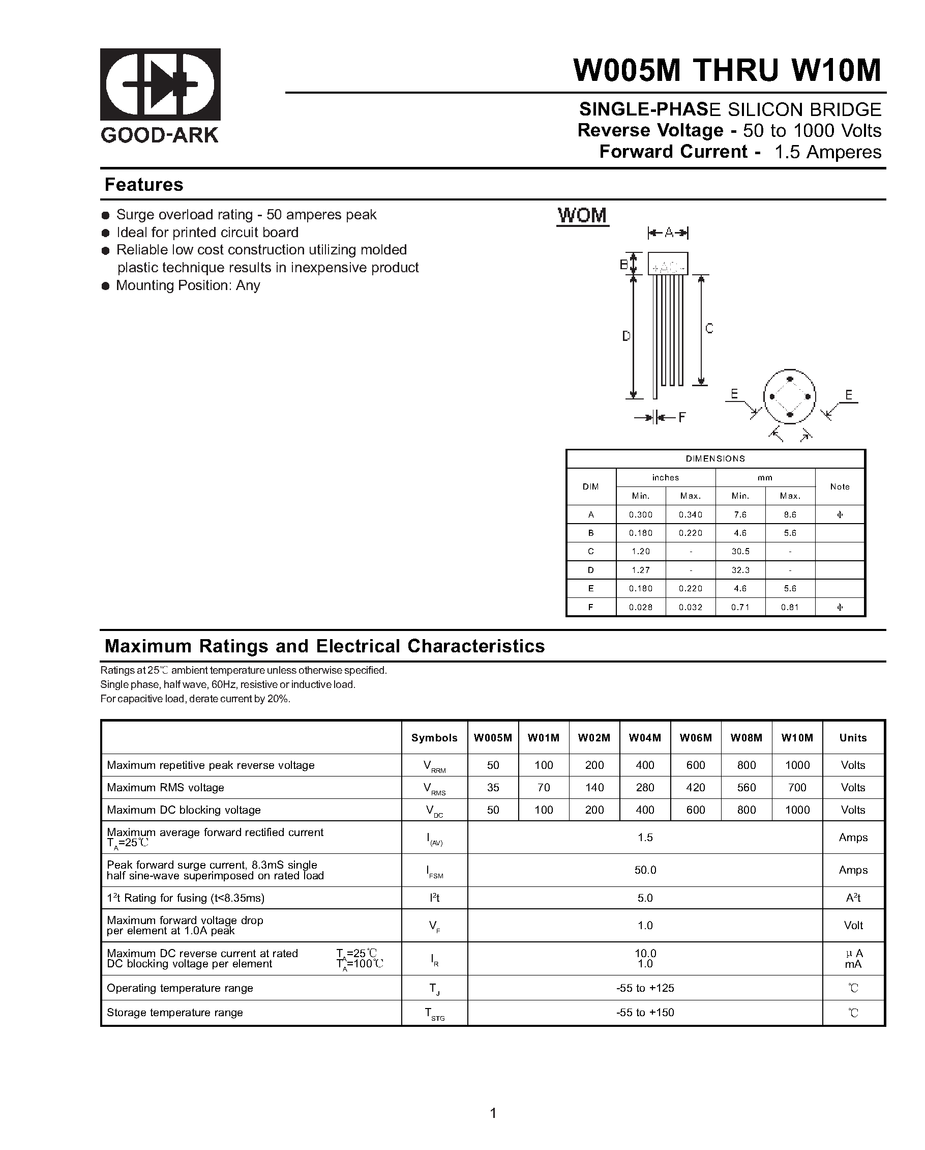 Datasheet W06M page 1 Datasheet W06M - SINGLE-PHASE SILICON BRIDGE page 1