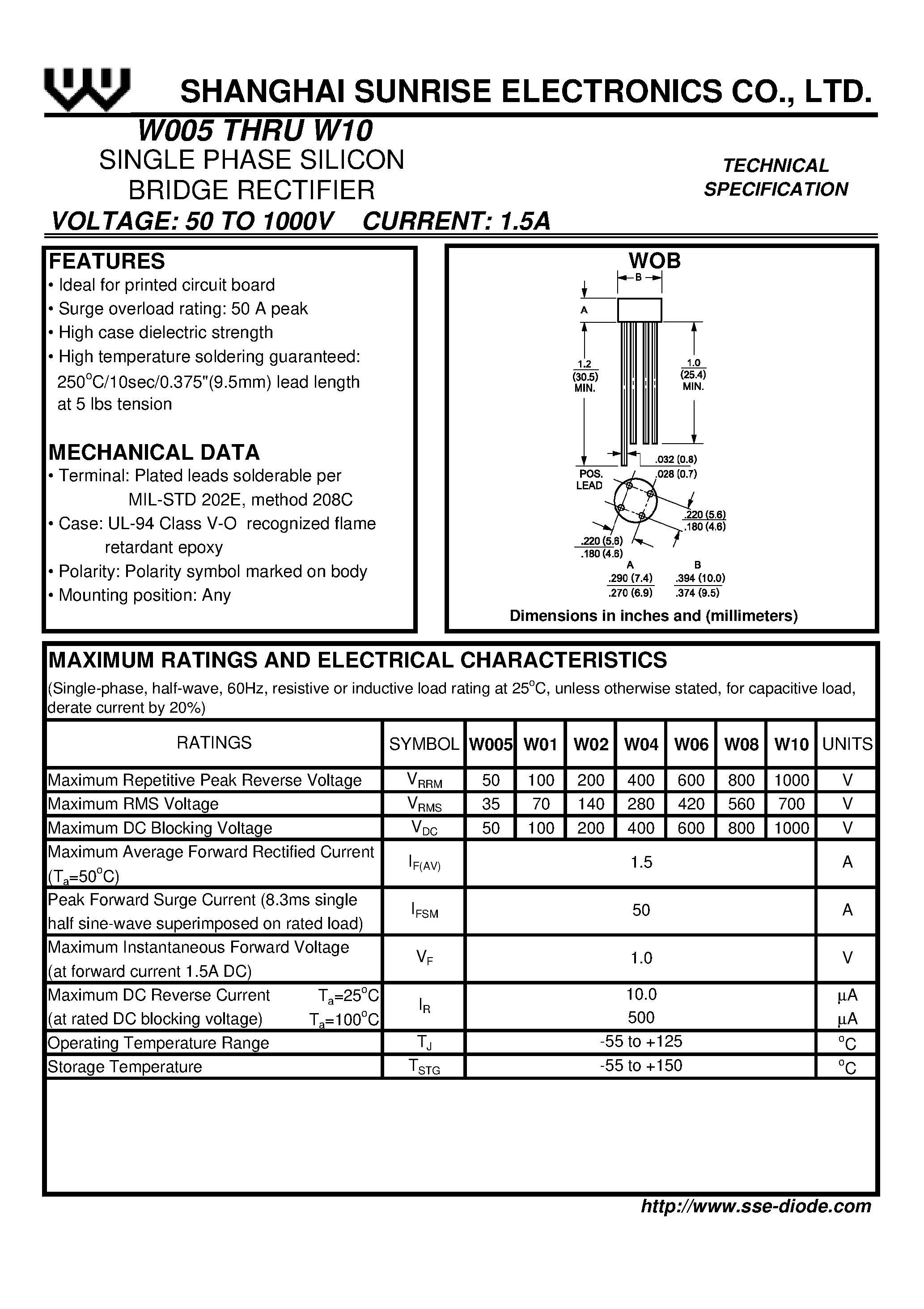 Datasheet W10 page 1 Datasheet W10 - SINGLE PHASE SILICON BRIDGE RECTIFIER page 1