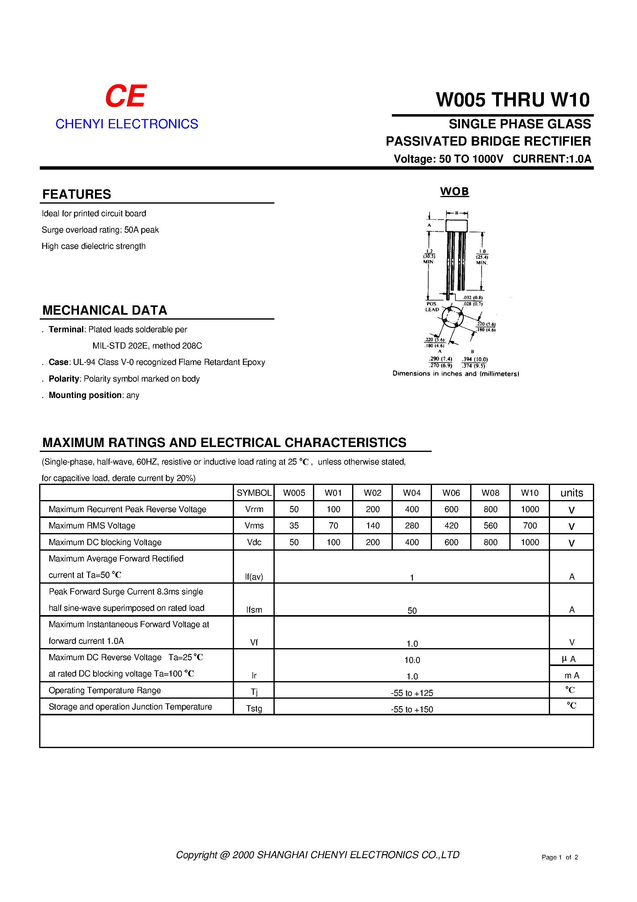 Datasheet W10 page 1 Datasheet W10 - SINGLE PHASE GLASS PASSIVATED BRIDGE RECTIFIER page 1