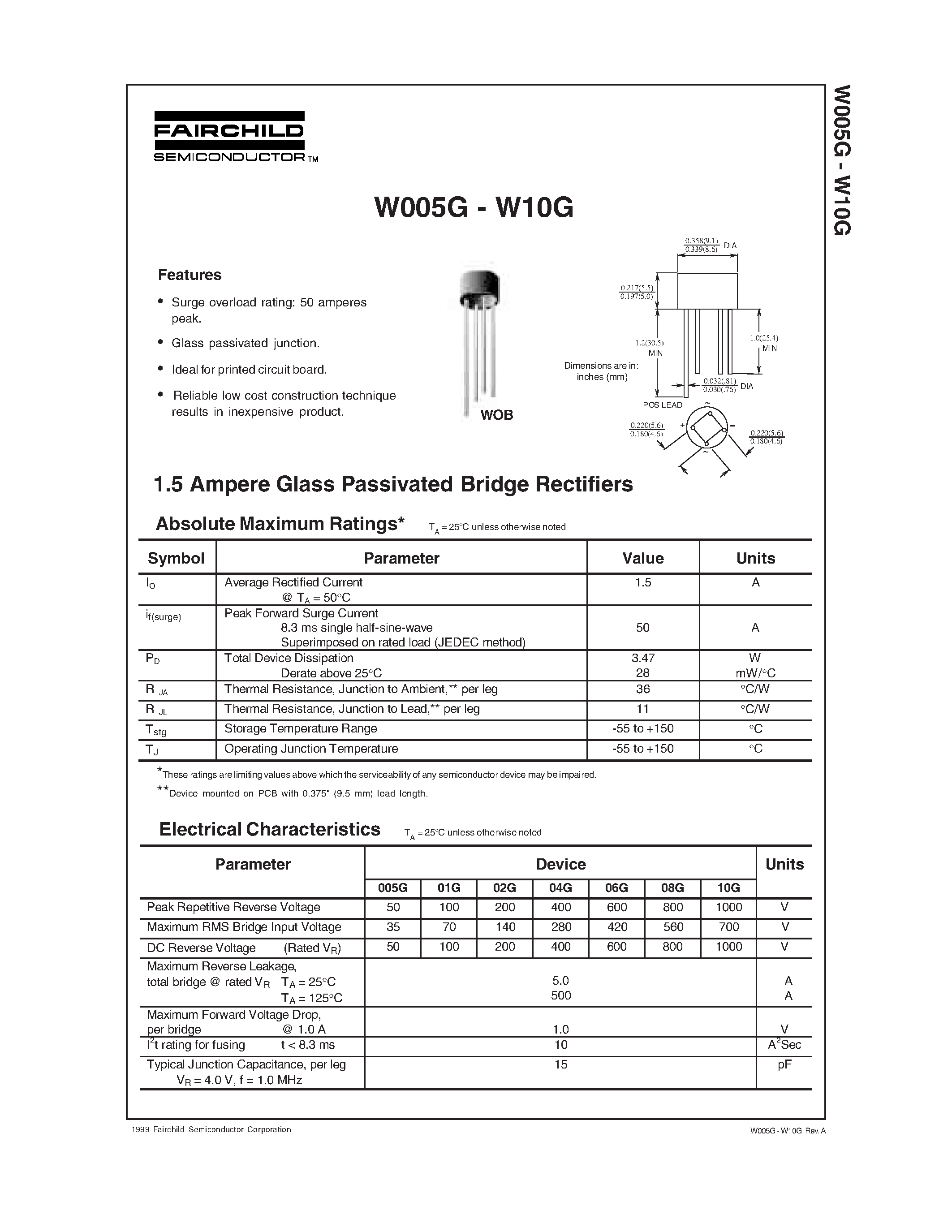 Datasheet W10G page 1 Datasheet W10G - 1.5 Ampere Glass Passivated Bridge Rectifiers page 1