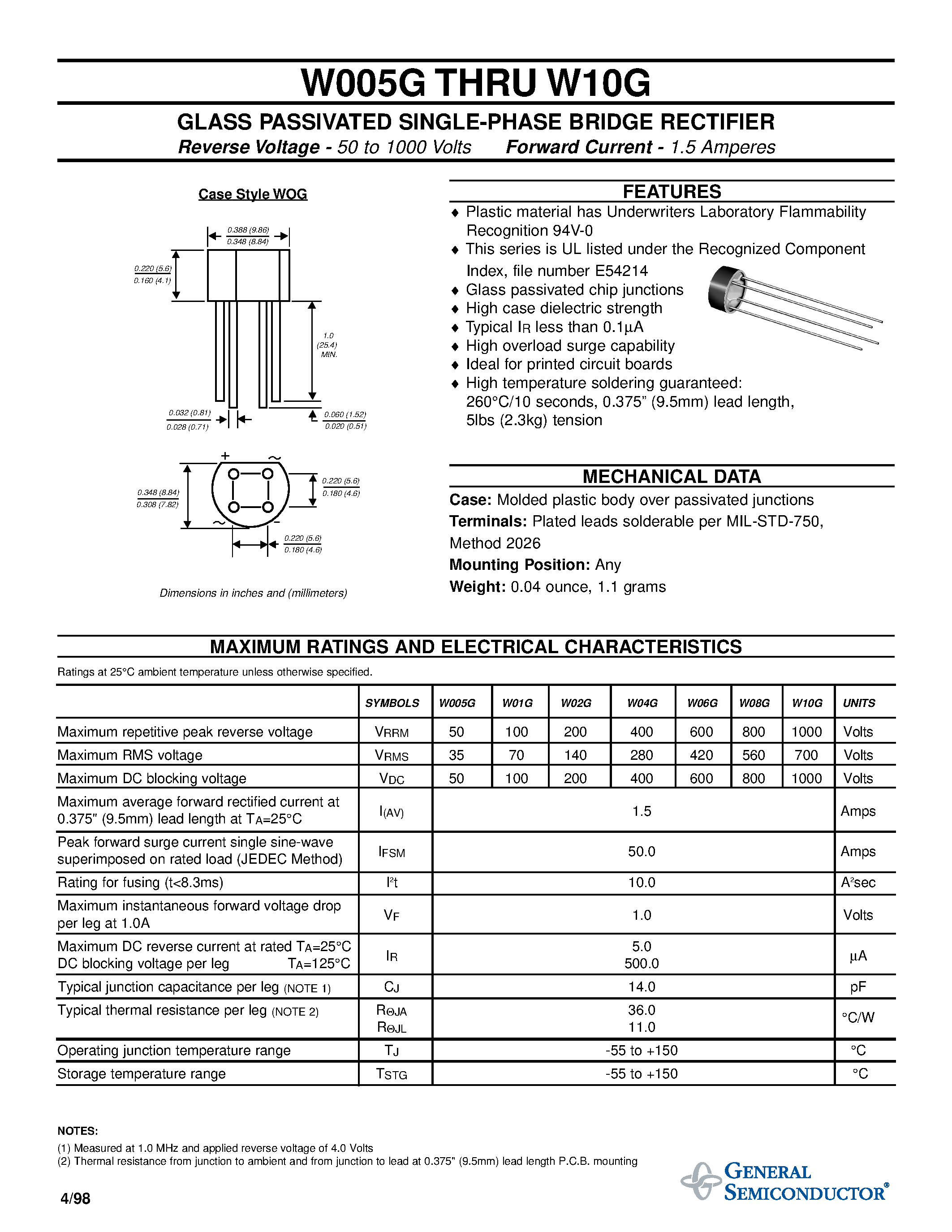 Datasheet W10G page 1 Datasheet W10G - GLASS PASSIVATED SINGLE-PHASE BRIDGE RECTIFIER page 1