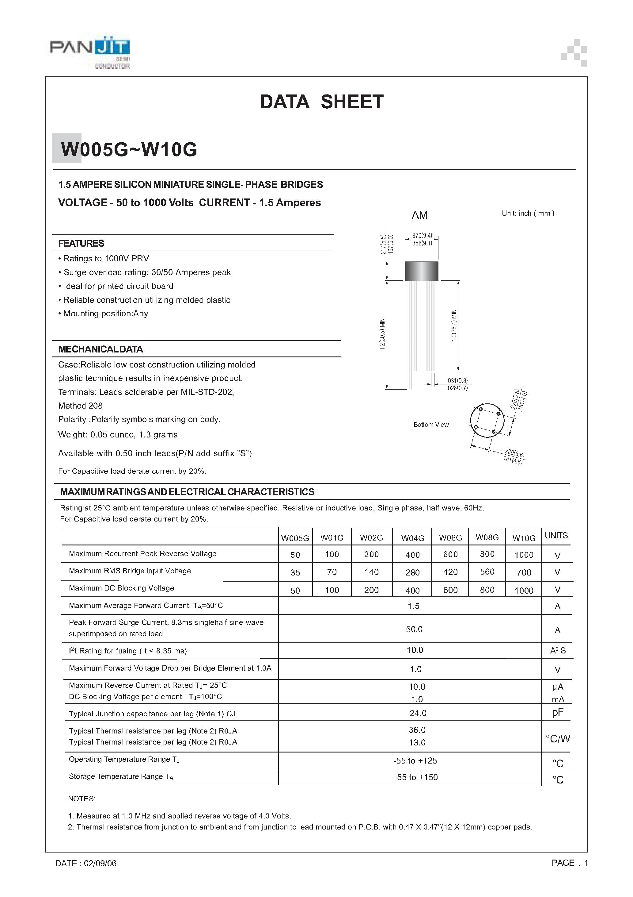 Datasheet W10G - 1.5 AMPERE SILICON MINIATURE SINGLE- PHASE BRIDGES(VOLTAGE - 50 to 1000 Volts CURRENT - 1.5 Amperes) page 1