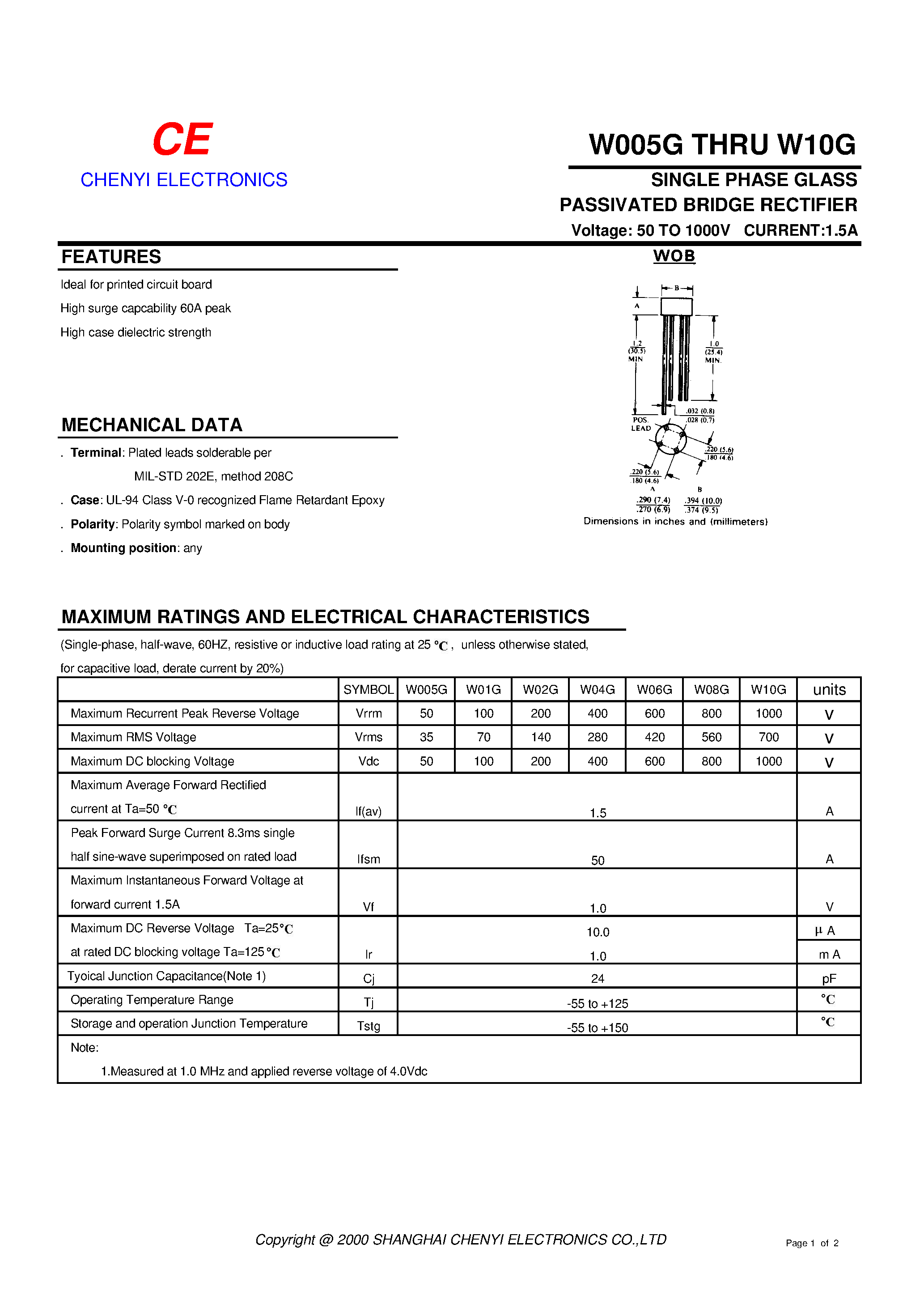 Datasheet W10G page 1 Datasheet W10G - SINGLE PHASE GLASS PASSIVATED BRIDGE RECTIFIER page 1