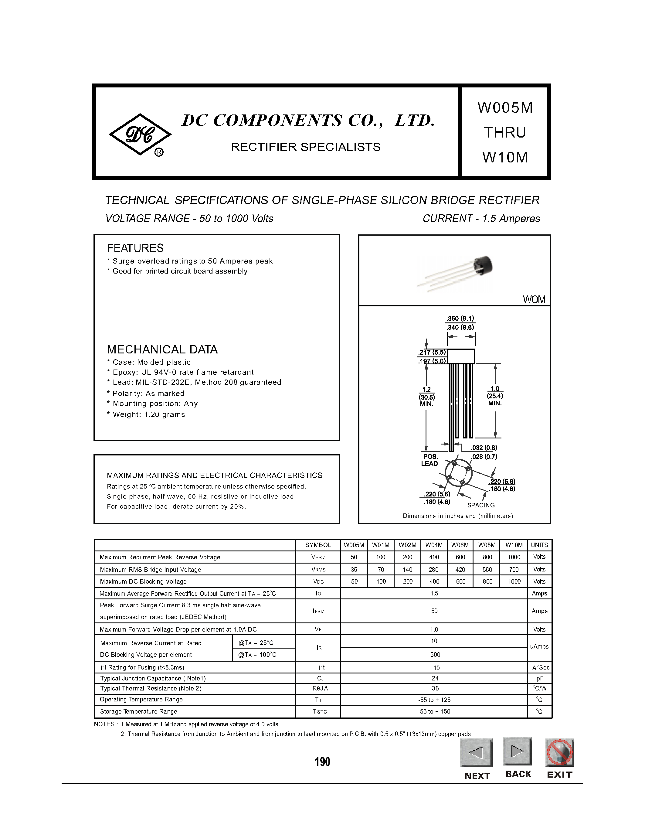 Datasheet W10M - TECHNICAL SPECIFICATIONS OF SINGLE-PHASE SILICON BRIDGE RECTIFIER page 1
