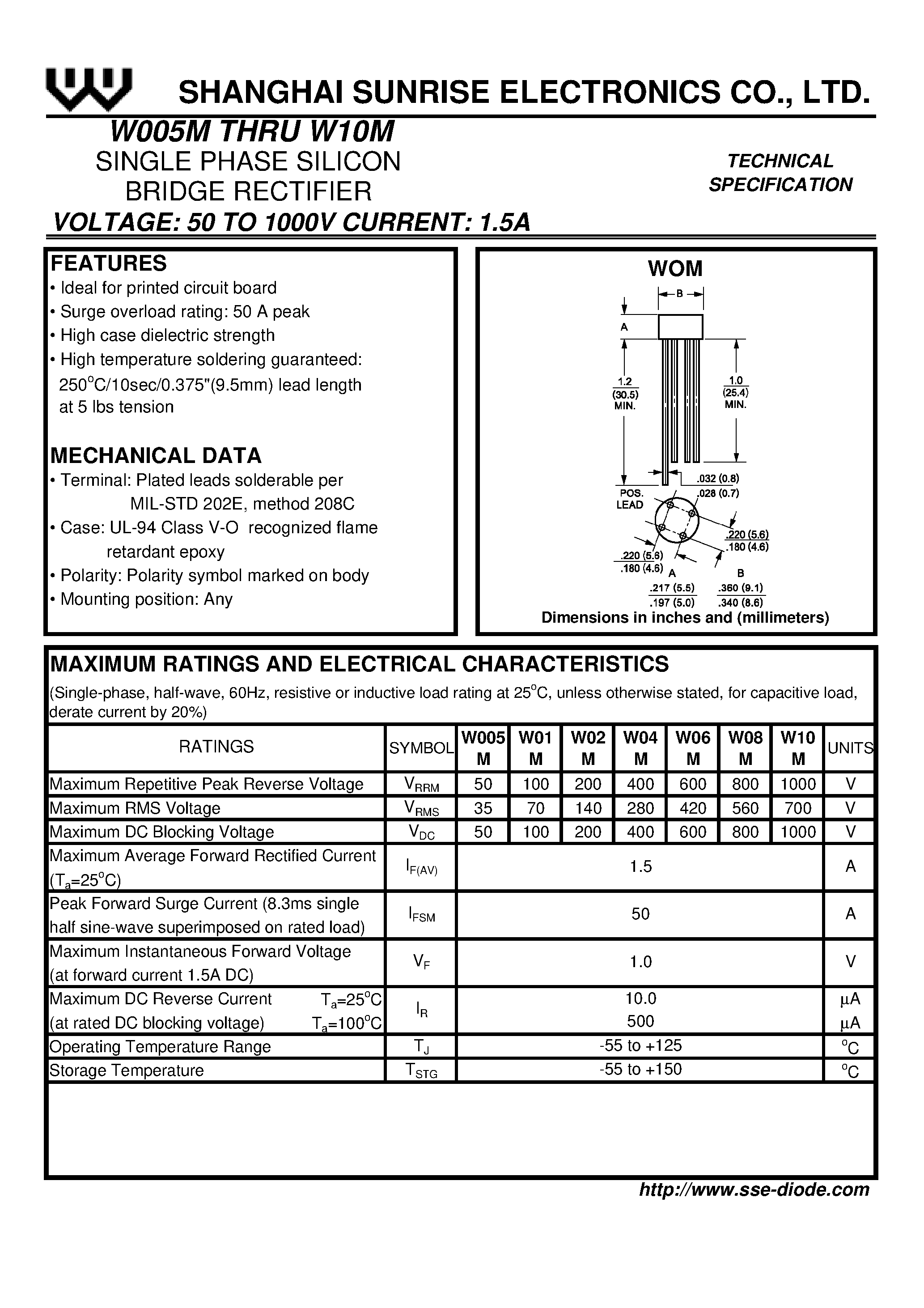 Datasheet W10M page 1 Datasheet W10M - SINGLE PHASE SILICON BRIDGE RECTIFIER page 1