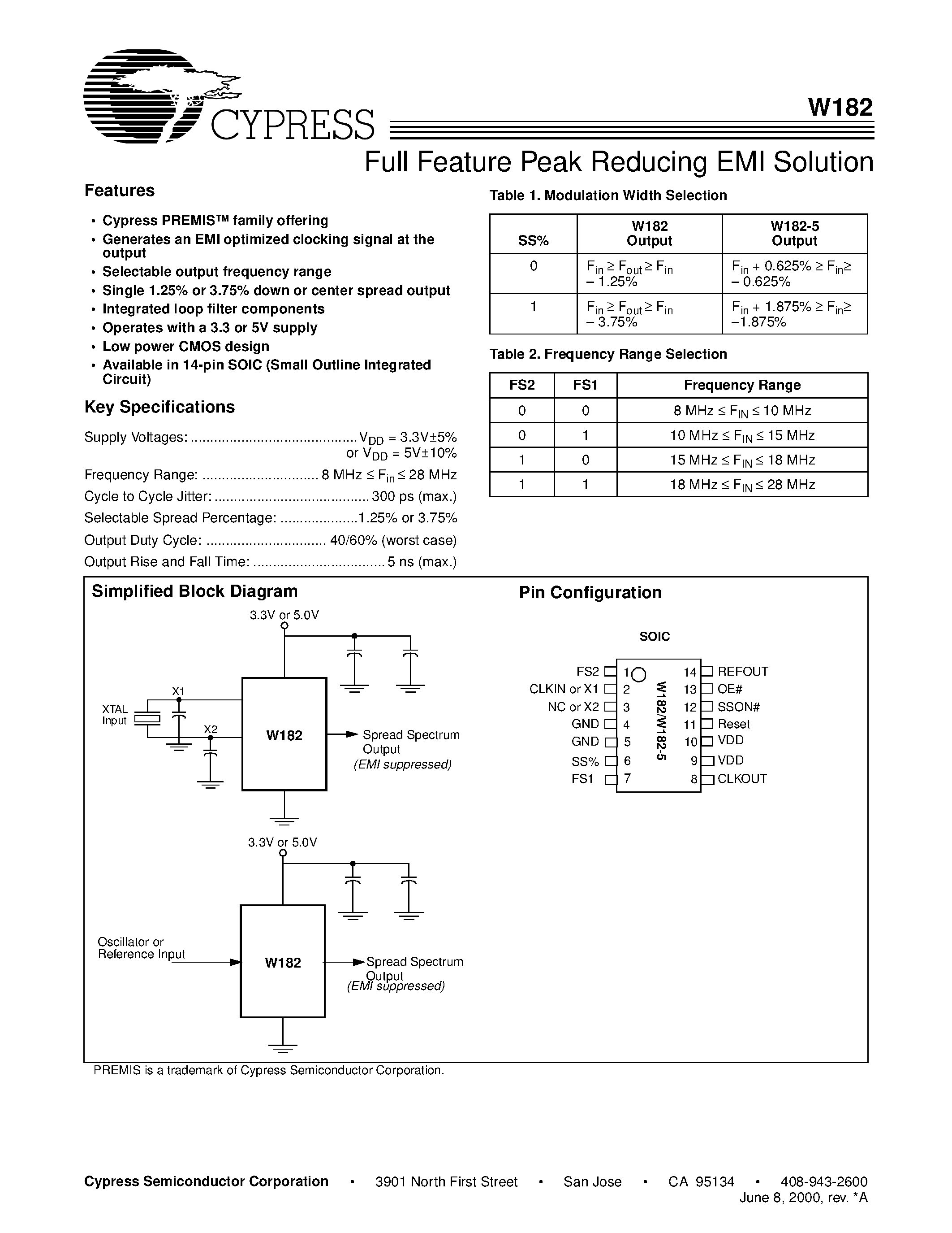 Datasheet W182-5 - Full Feature Peak Reducing EMI Solution page 1