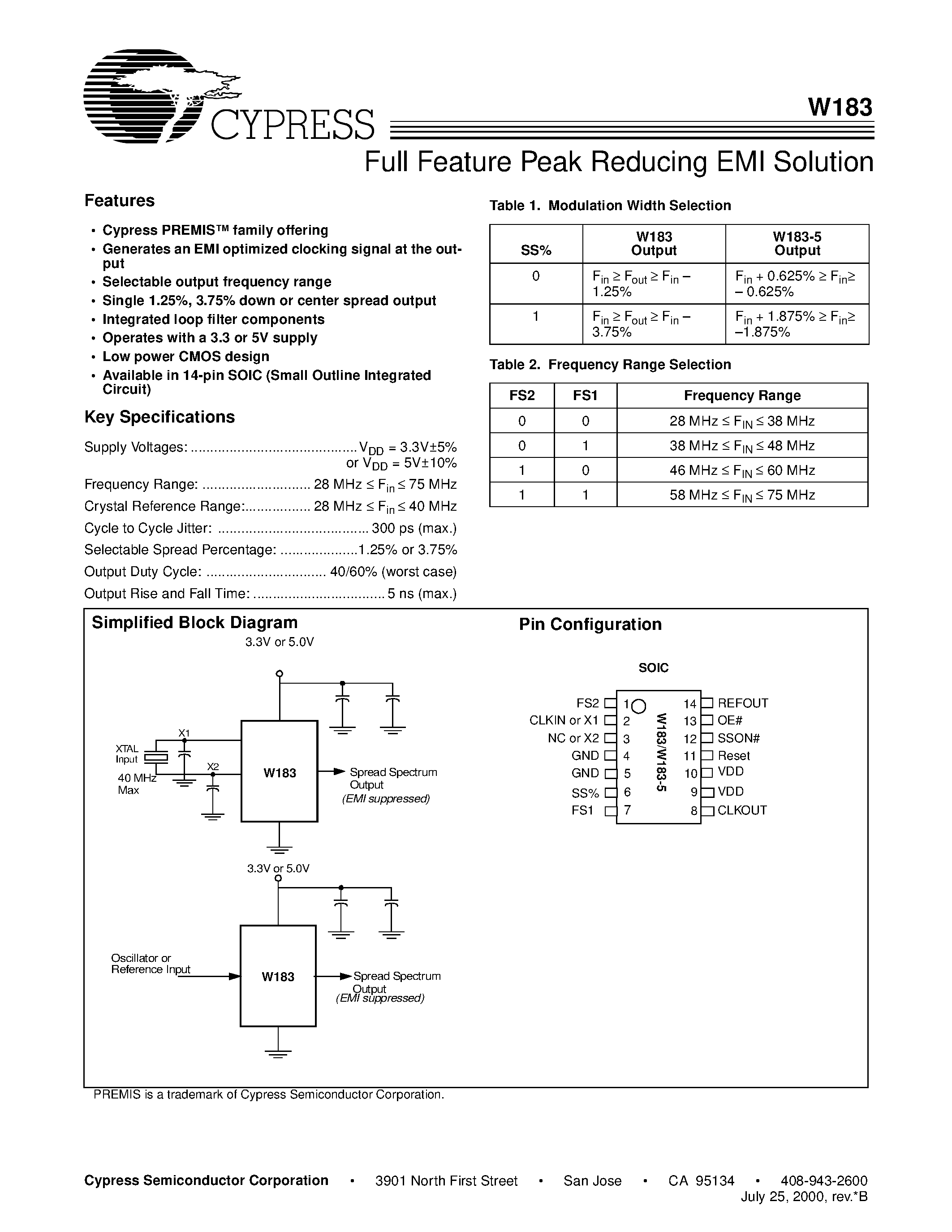 Datasheet W183-5 - Full Feature Peak Reducing EMI Solution page 1
