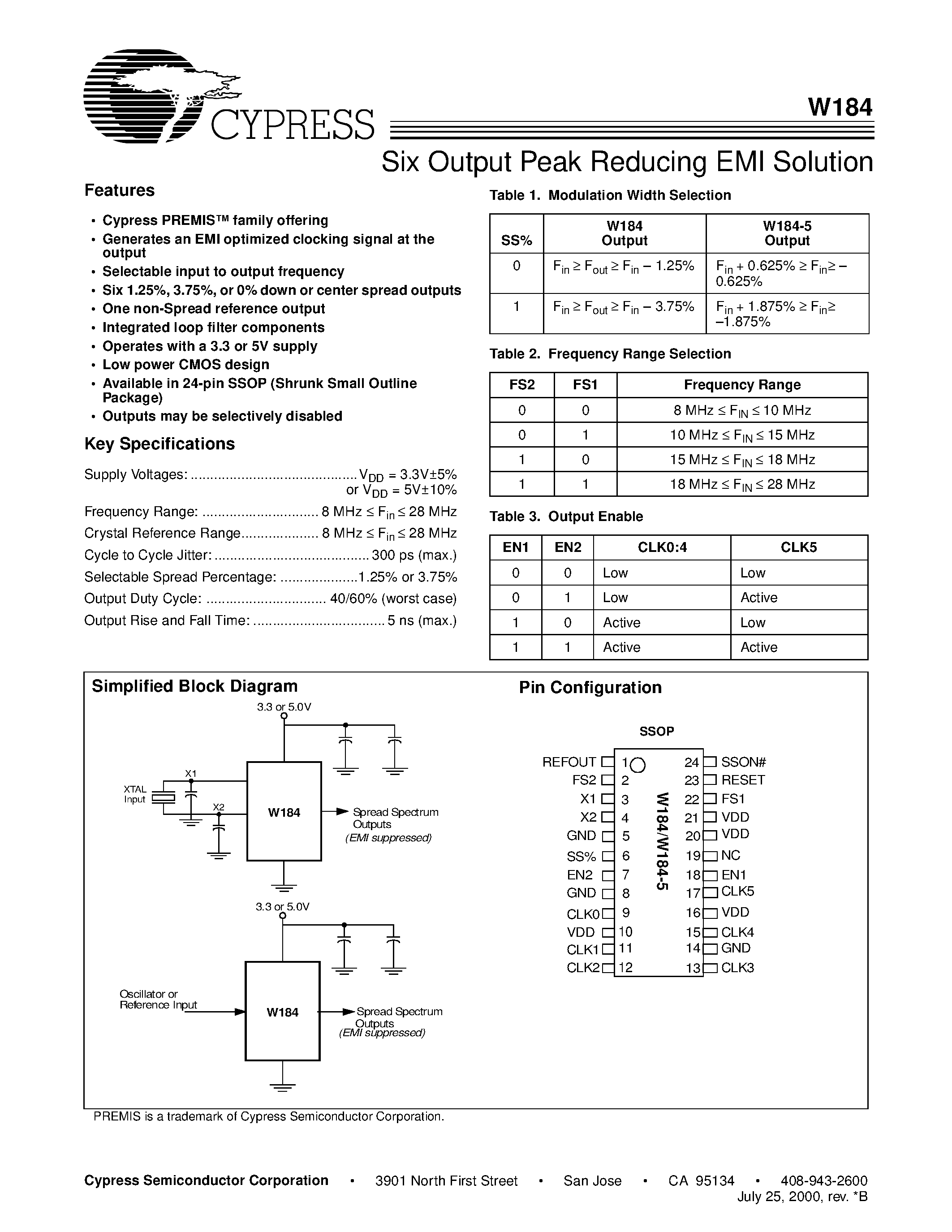 Datasheet W184-5 - Six Output Peak Reducing EMI Solution page 1