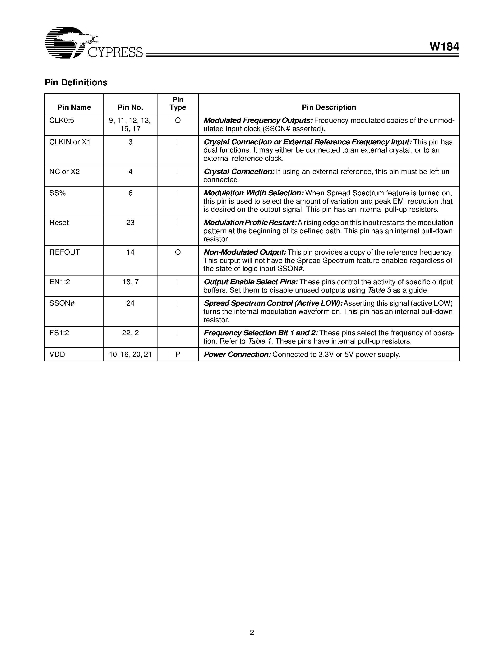 Datasheet W184-5 - Six Output Peak Reducing EMI Solution page 2