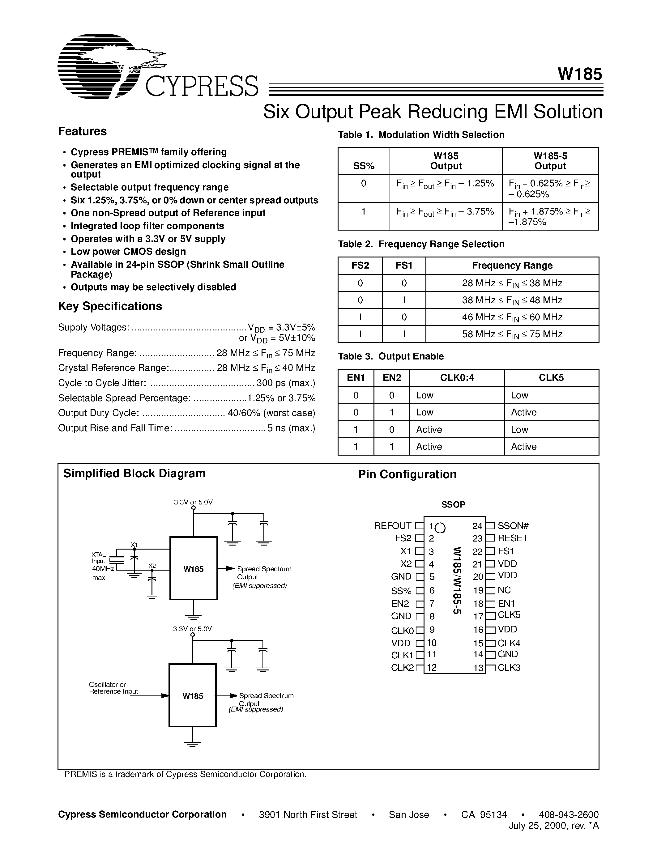 Datasheet W185-5 - Six Output Peak Reducing EMI Solution page 1