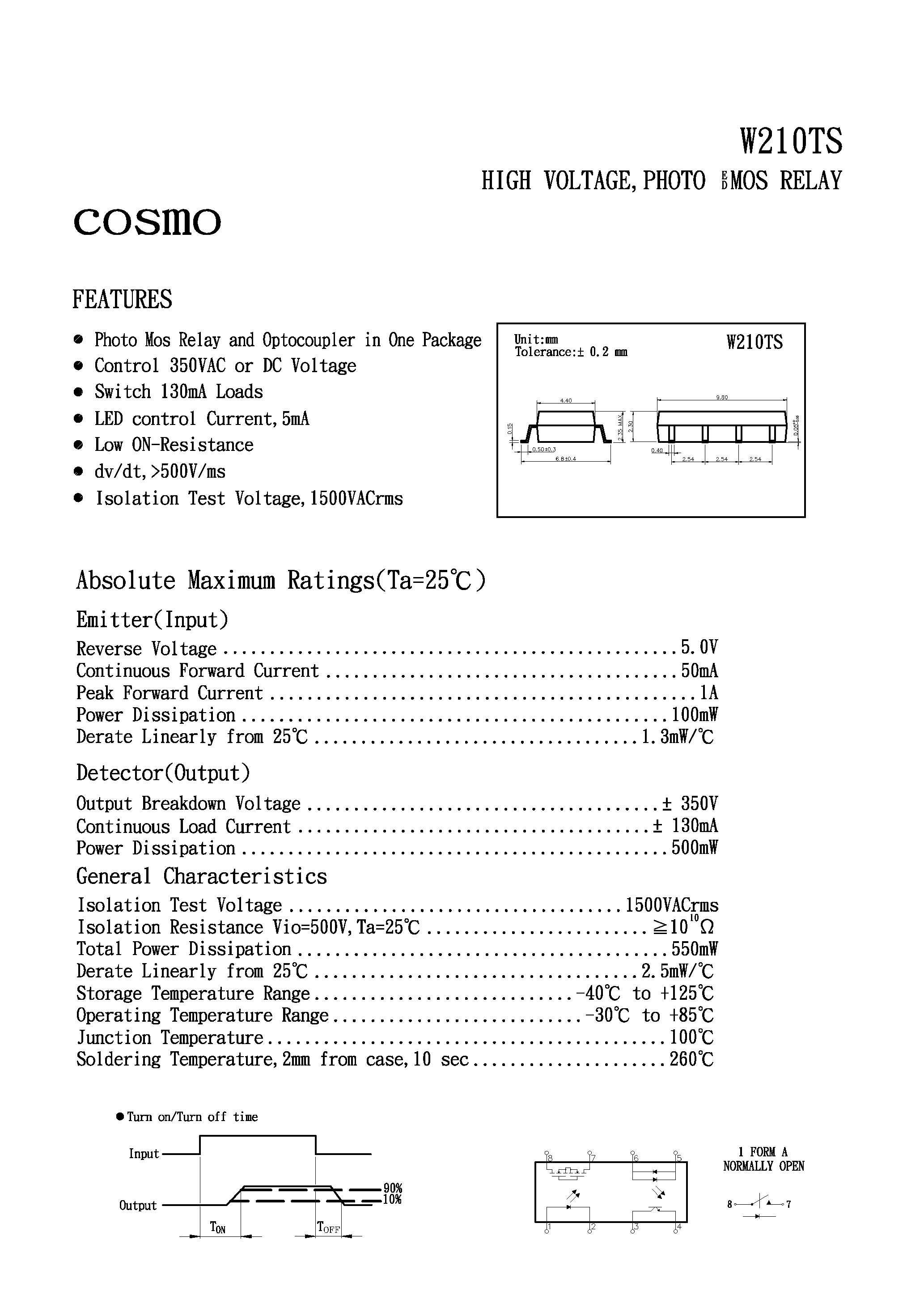 Datasheet W210TS - HIGH VOLTAGE PHOTO MOS RELAY page 1