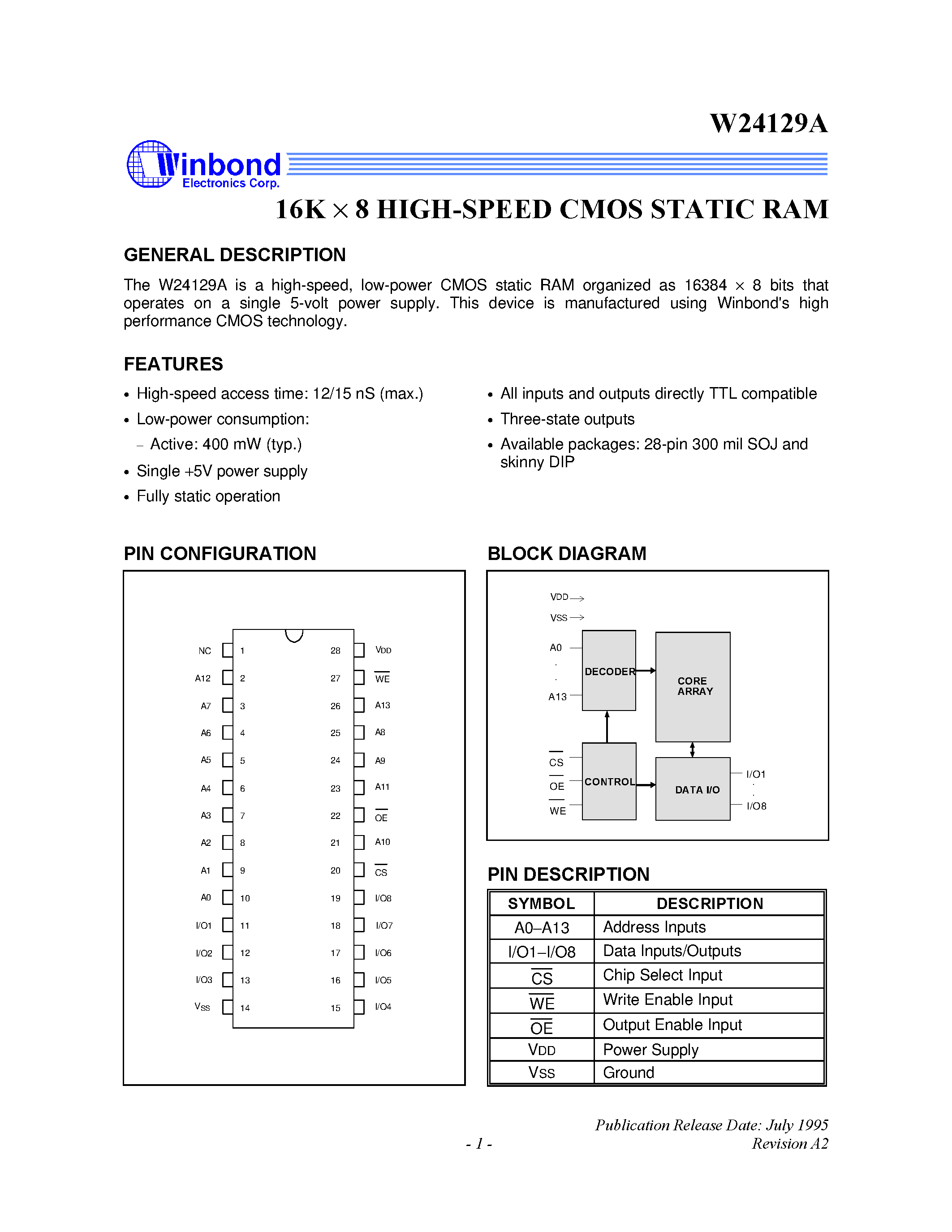 Даташит W24129AJ-12 - 16K X 8 HIGH-SPEED CMOS STATIC RAM страница 1