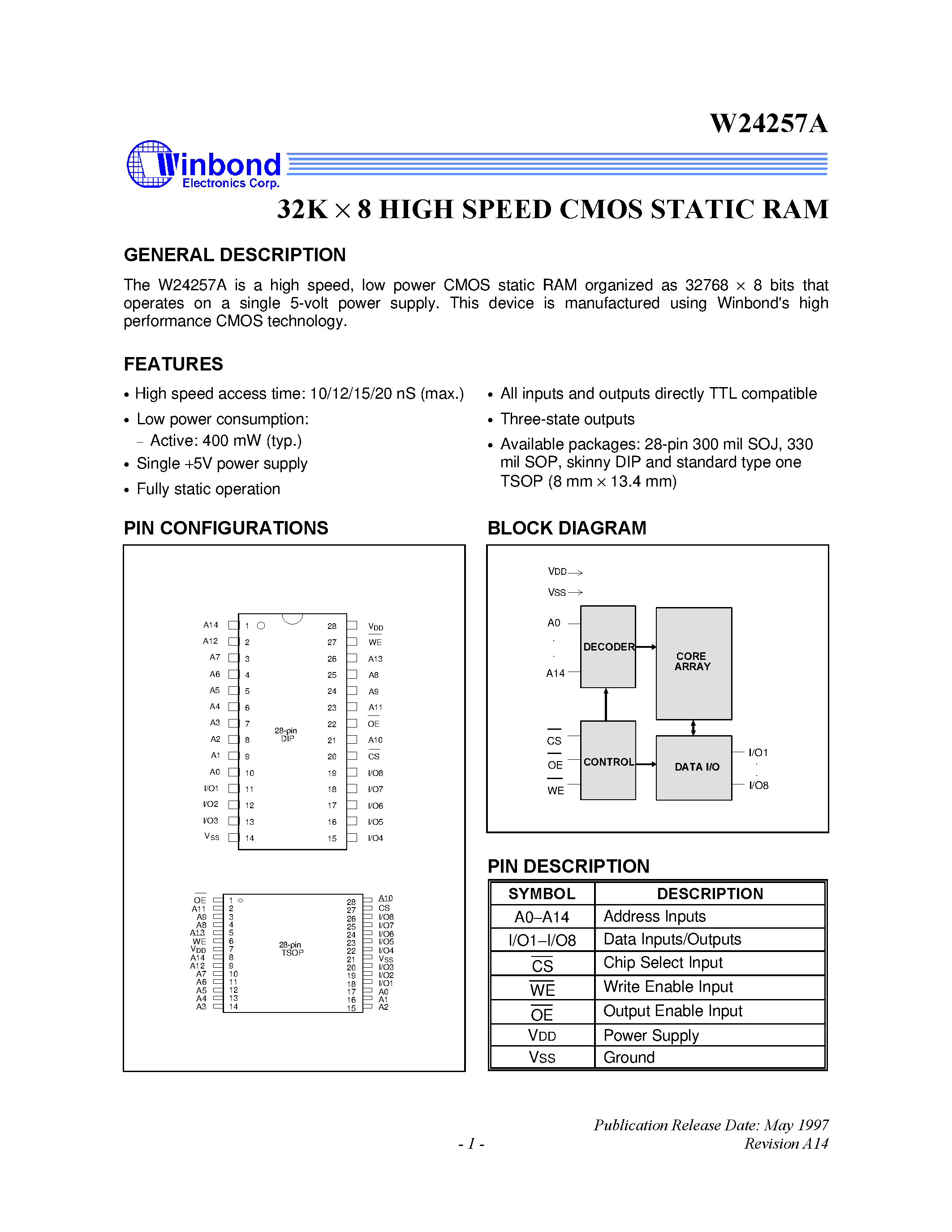 Datasheet W24257A-10 - 32K X 8 High Speed CMOS Static RAM page 1