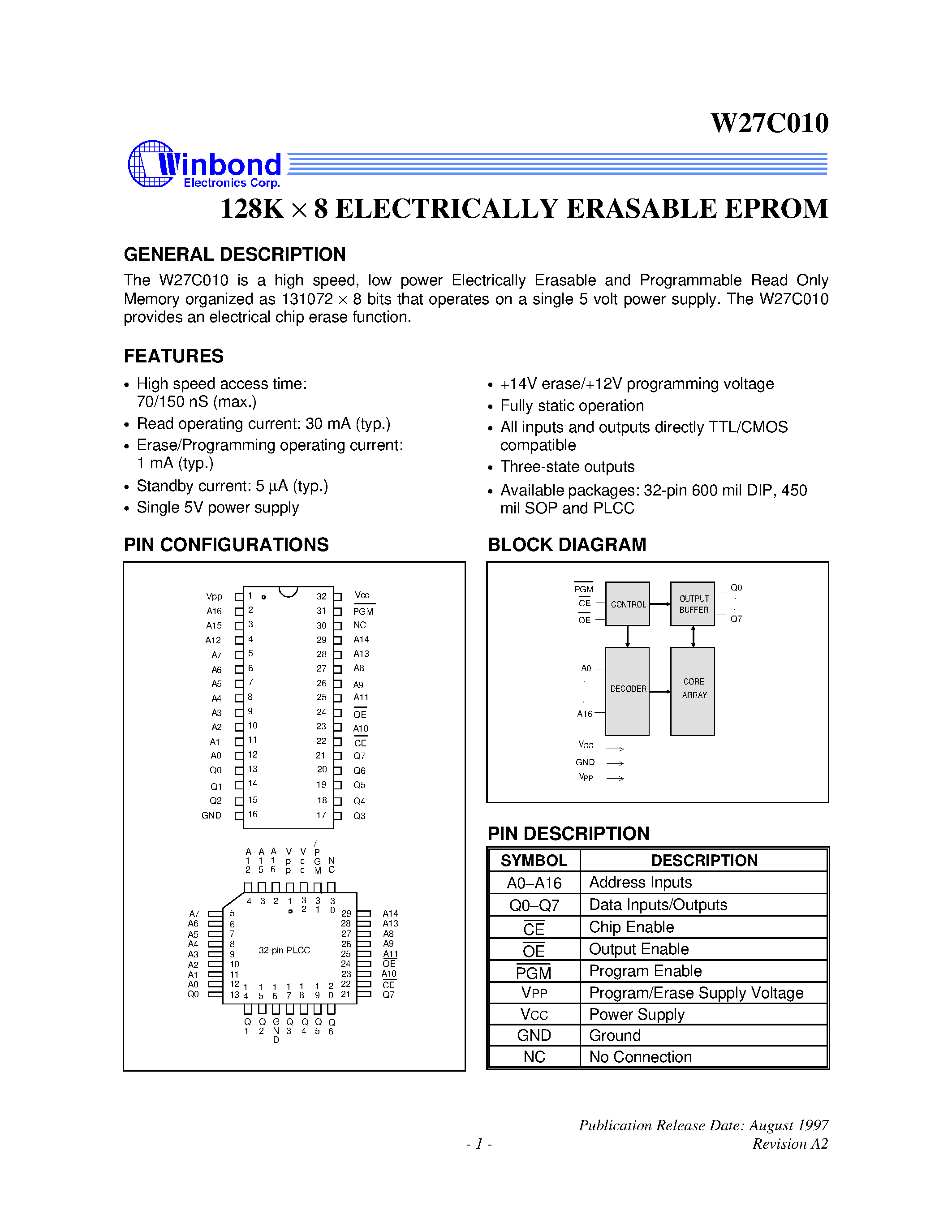 Даташит на микросхему W27C010 страница 1 Даташит W27C010 - 128K X 8 ELECTRICALLY ERASABLE EPROM страница 1