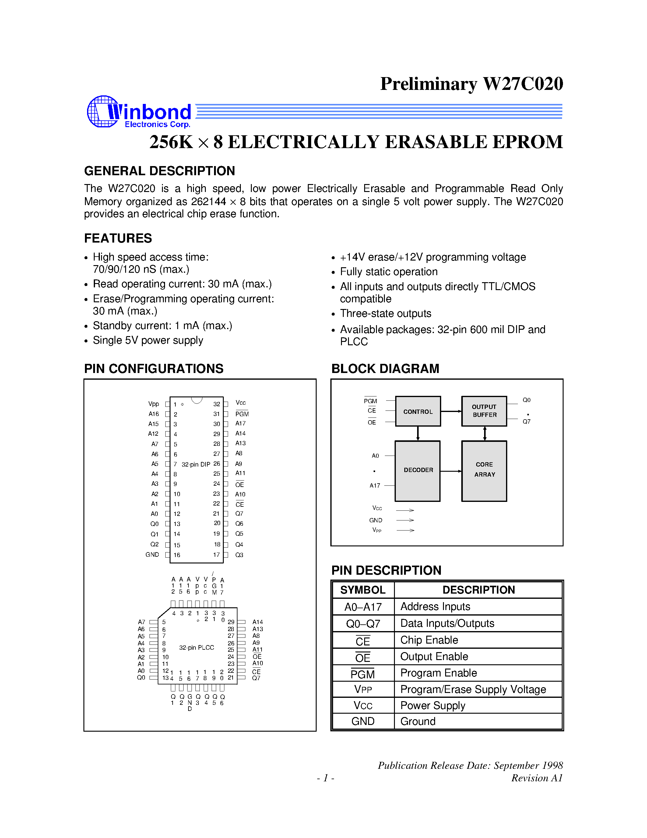Datasheet W27C020P-12 page 1 Datasheet W27C020P-12 - 256K X 8 ELECTRICALLY ERASABLE EPROM page 1