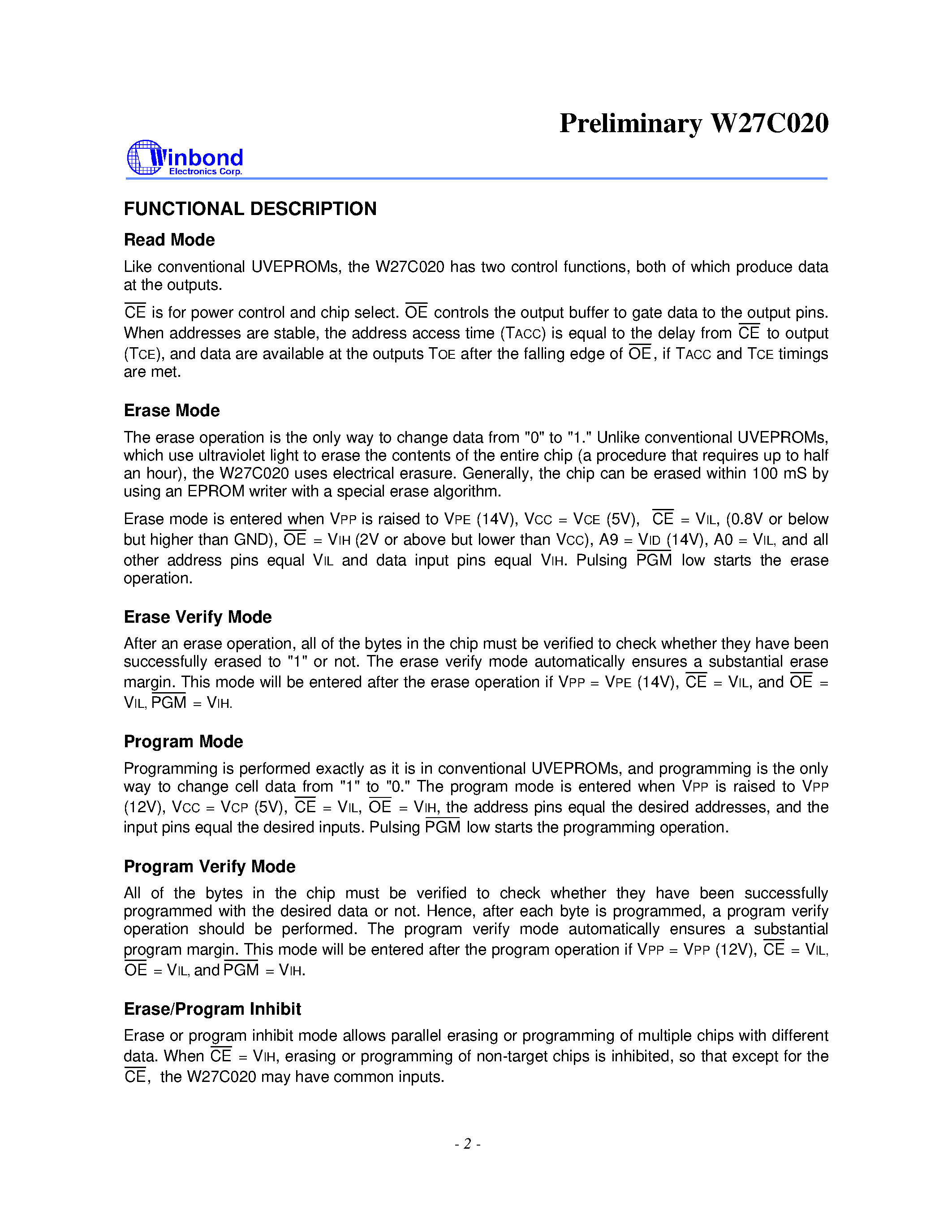 Datasheet W27C20-70 page 2 Datasheet W27C20-70 - 256K X 8 ELECTRICALLY ERASABLE EPROM page 2