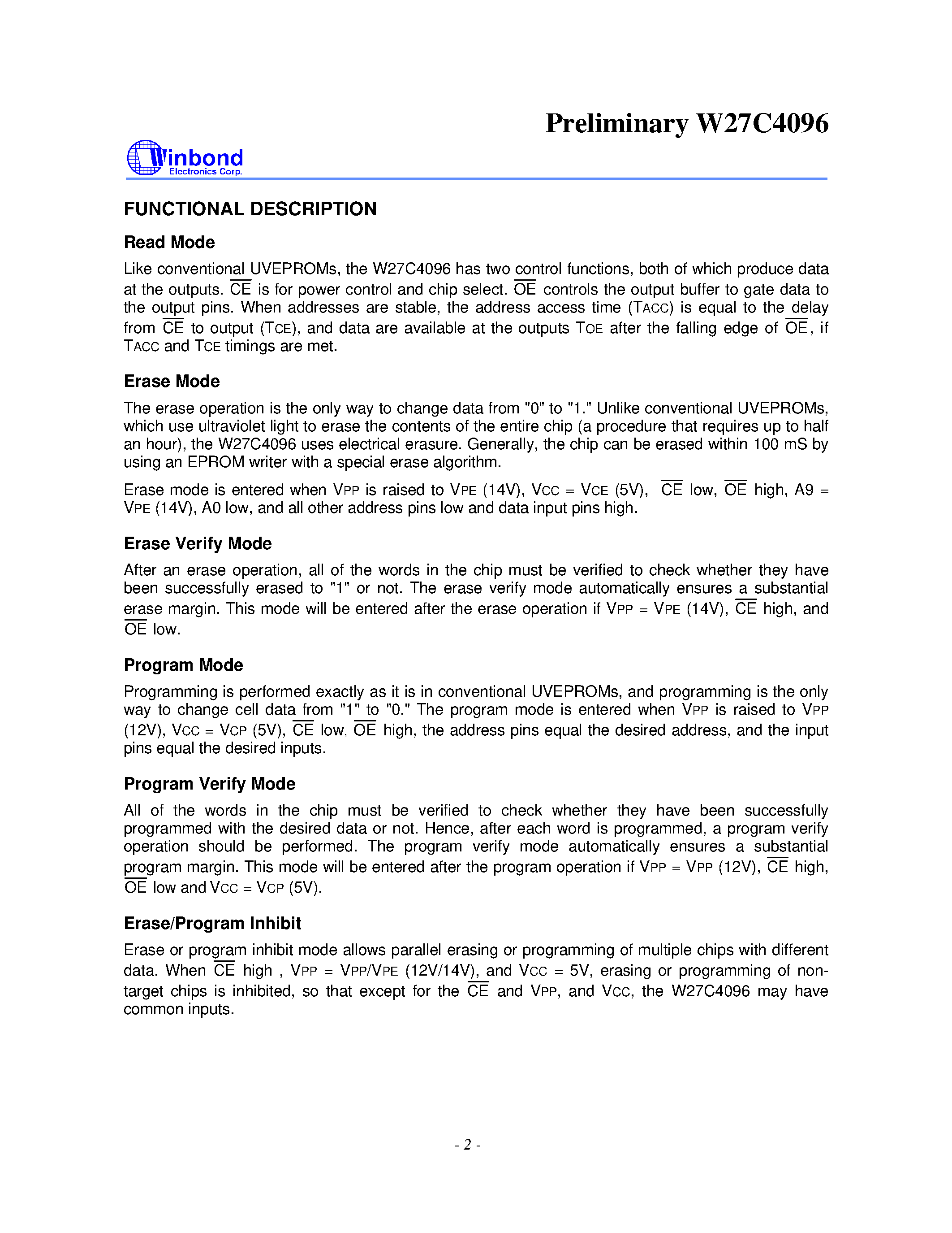 Datasheet W27C4096T-12 page 2 Datasheet W27C4096T-12 - 256K X 16 ELECTRICALLY ERASABLE EPROM page 2