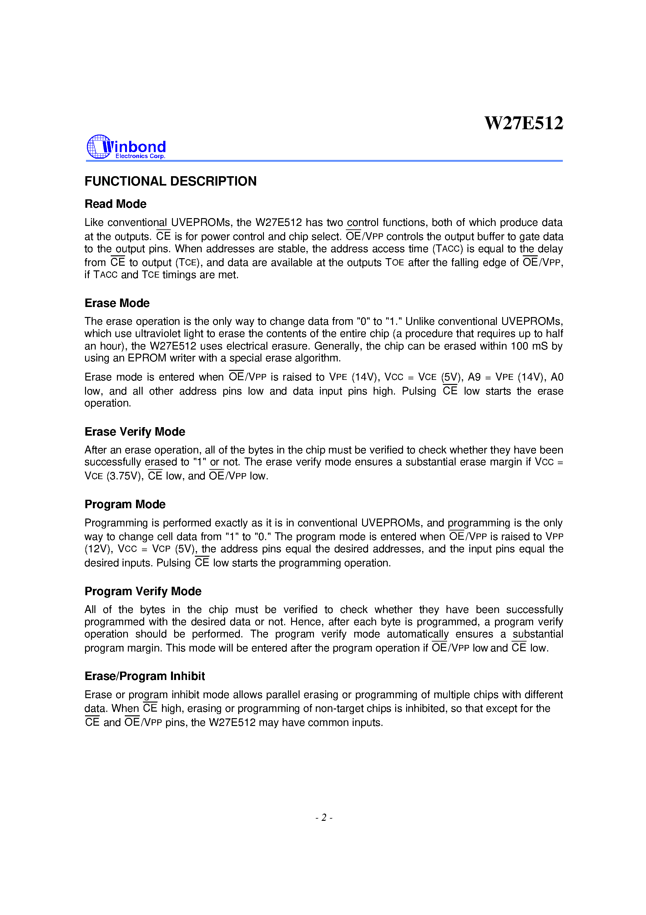 Datasheet W27E512 page 2 Datasheet W27E512 - 64K X 8 ELECTRICALLY ERASABLE EPROM page 2