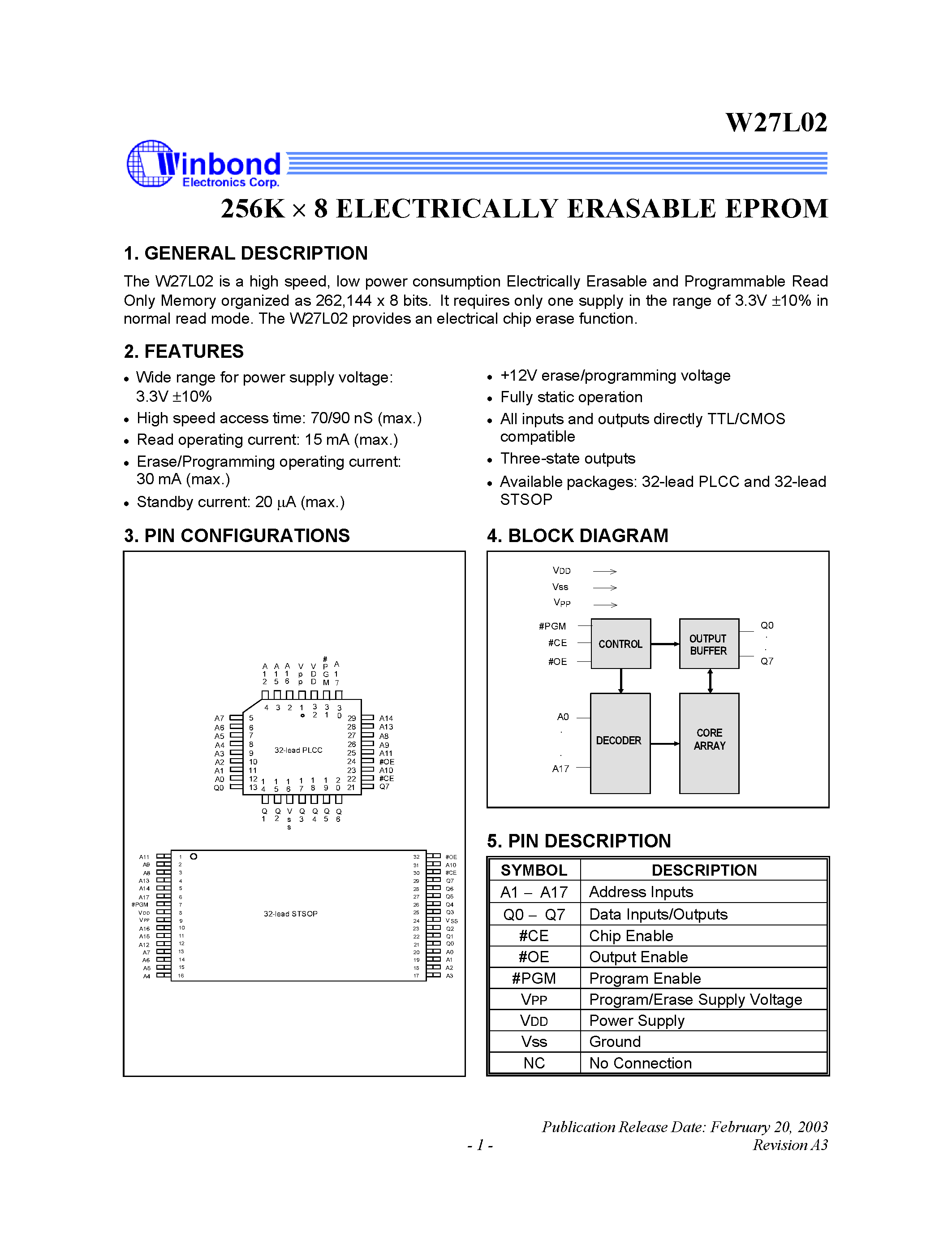 Datasheet W27L02 page 1 Datasheet W27L02 - 256K X 8 ELECTRIC ALLY ERASABLE EPROM page 1