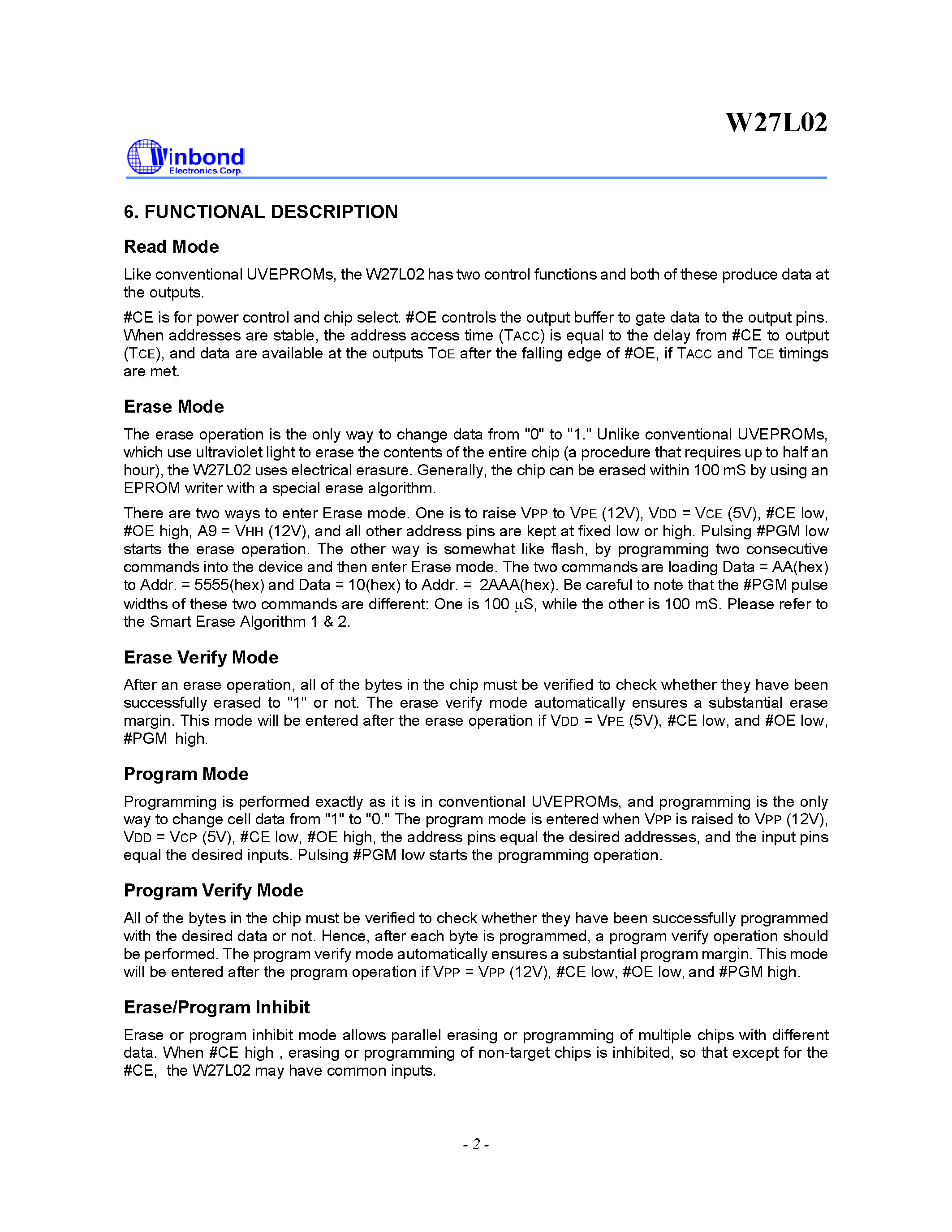 Datasheet W27L02 page 2 Datasheet W27L02 - 256K X 8 ELECTRIC ALLY ERASABLE EPROM page 2
