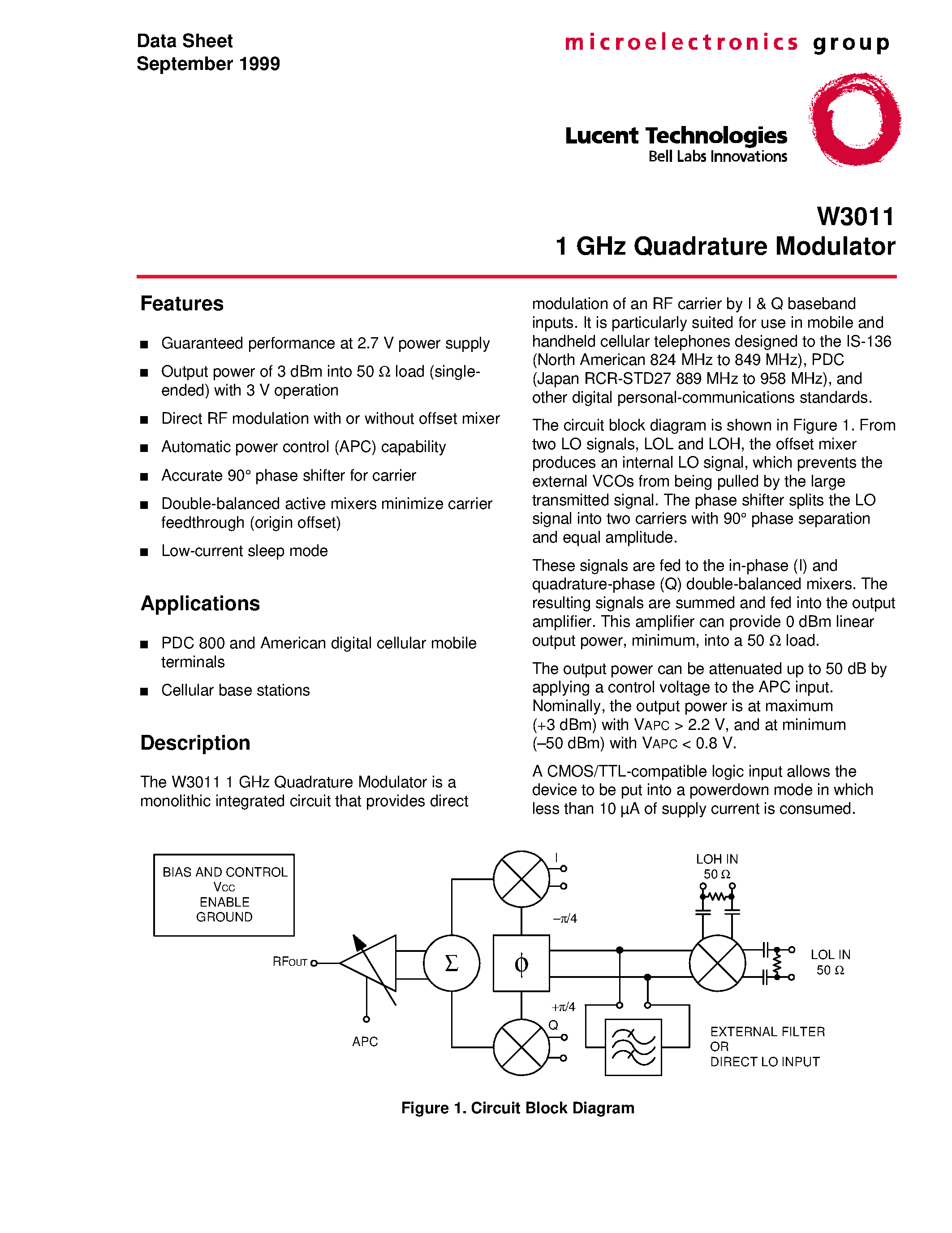 Datasheet W3011 page 1 Datasheet W3011 - 1 GHz Quadrature Modulator page 1
