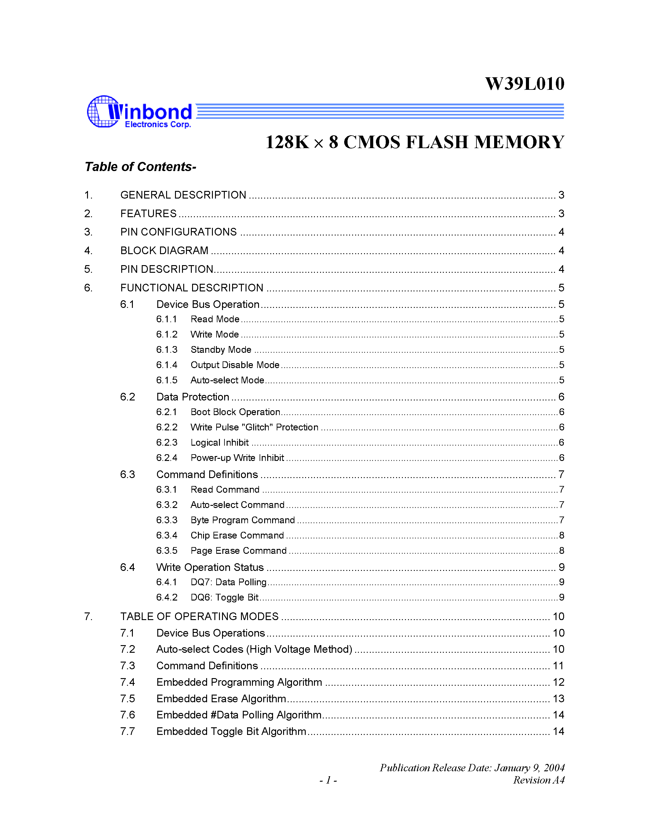 Datasheet W39L010 page 1 Datasheet W39L010 - 128K X 8 CMOS FLASH MEMORY page 1