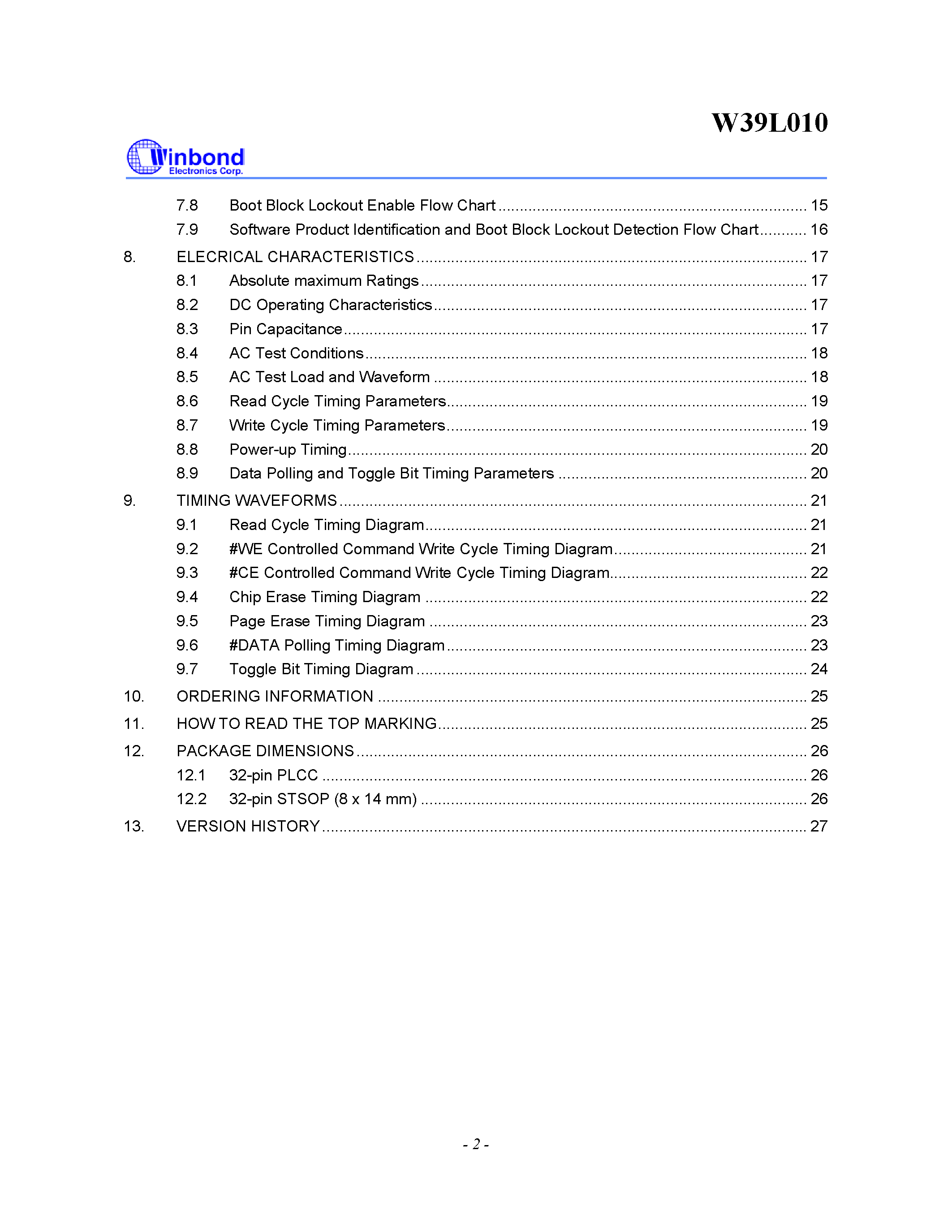 Datasheet W39L010 page 2 Datasheet W39L010 - 128K X 8 CMOS FLASH MEMORY page 2