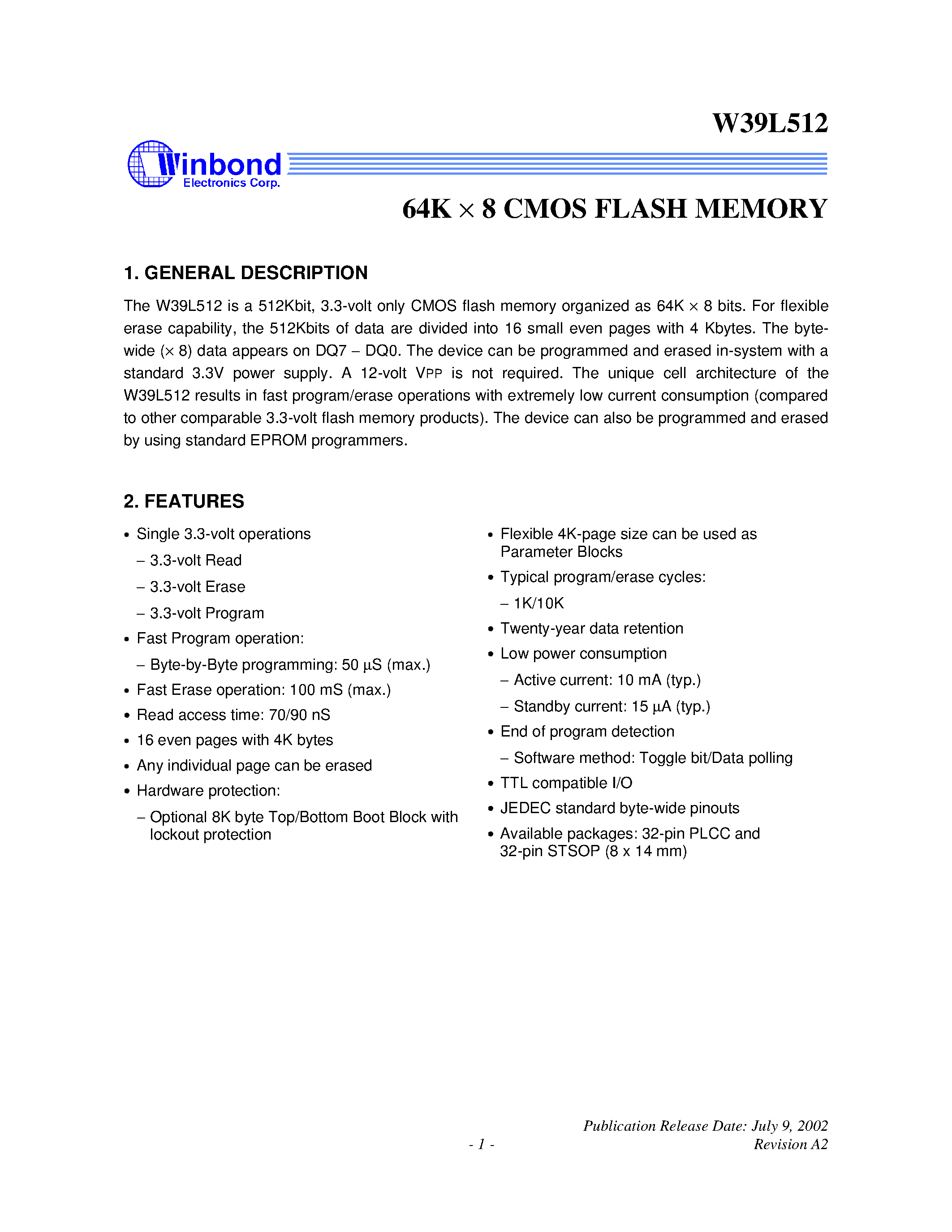 Datasheet W39L512-70 - 64K 8 COMS FLASH MEMORY page 1