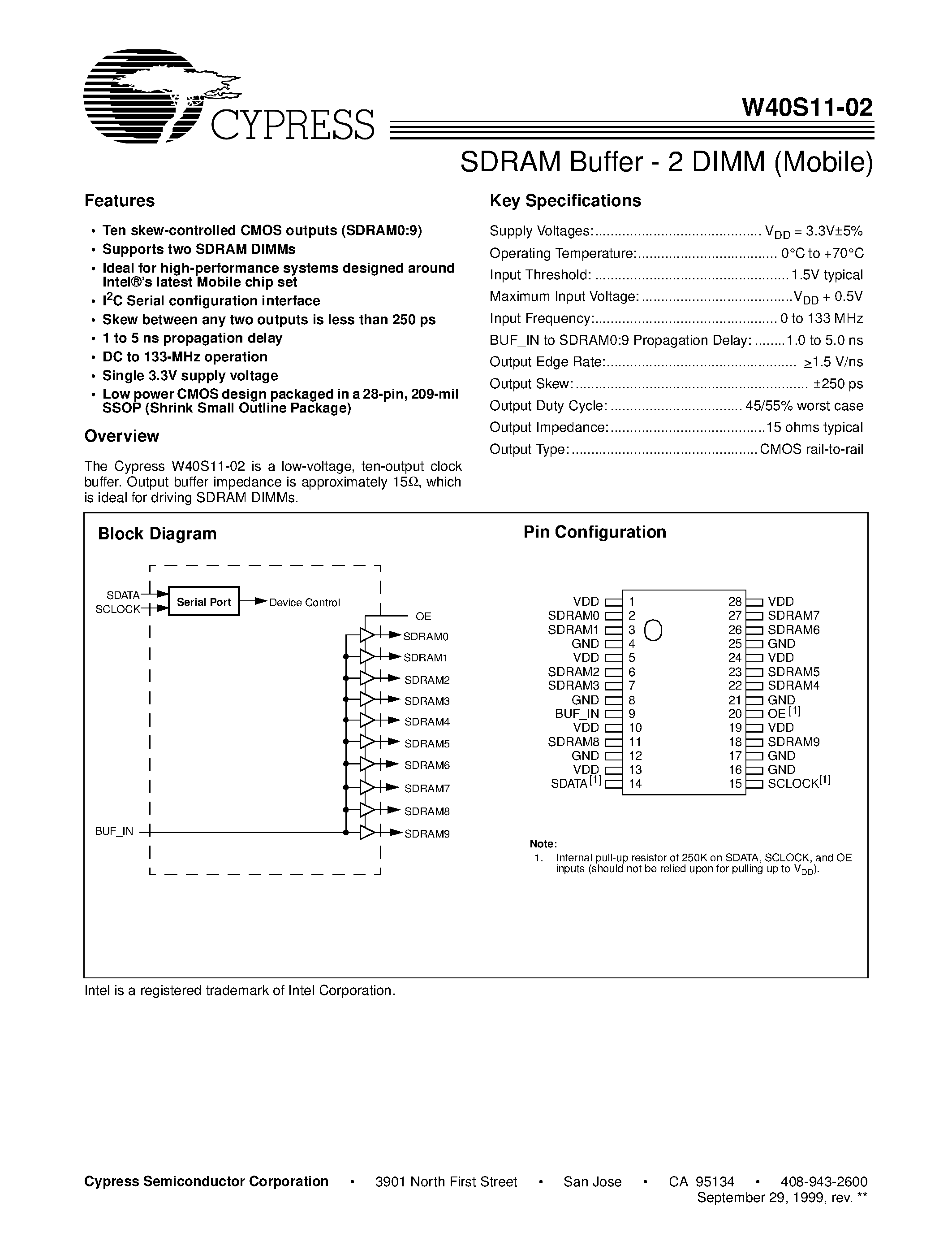 Datasheet W40S11-02 - SDRAM Buffer - 2 DIMM (Mobile) page 1