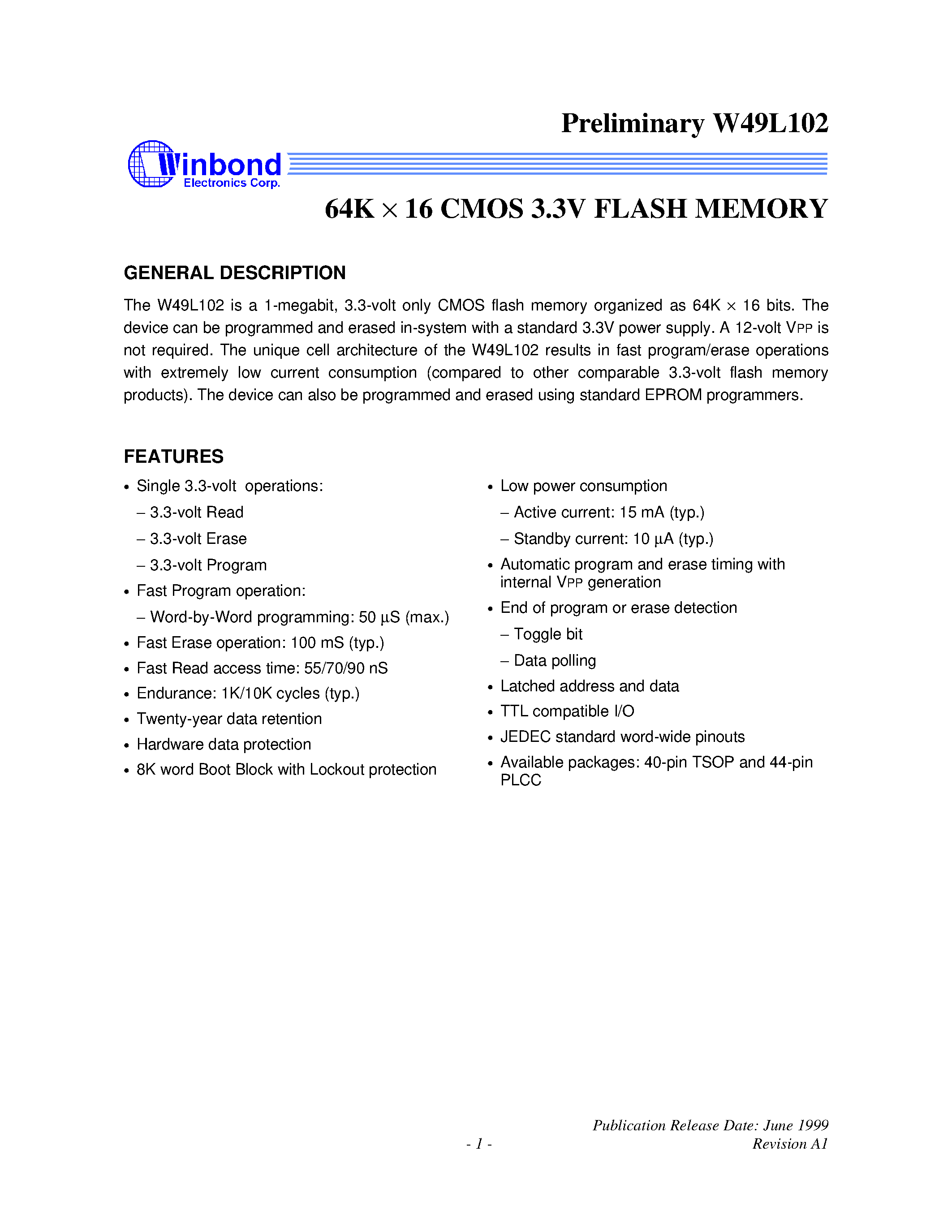 Даташит W49L102P-55 - 64K X 16 CMOS 3.3V FLASH MEMORY страница 1